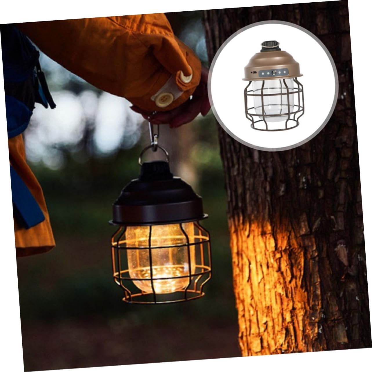 Rechargeable Retro Style Camping Lantern USB Portable Hanging Lamp for Outdoor Hiking Hunting Fishing Power Outage Lighting Tool Brown