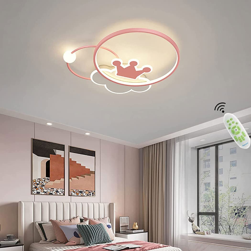 Children's Ceiling Lamp LED Bedroom Light, Acrylic Dimmable with Remote Control Creative Crown Cloud Design Lighting Fixtures, Boy Girl Room Kindergarten Study Decorative Chandelier,Pink