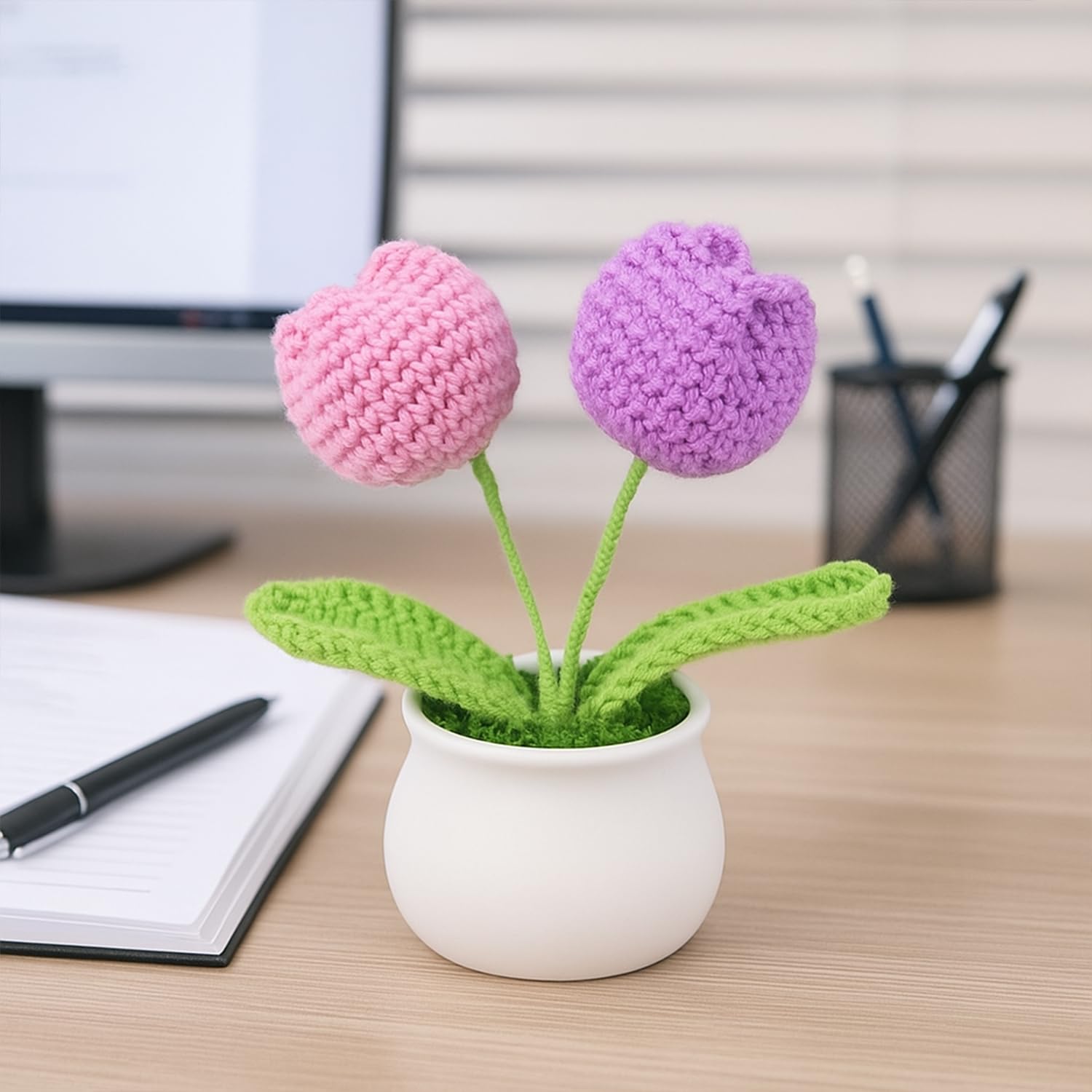 Nostrae by Ekhasa Cute Tulip Crochet Flowers Pot for Car Dashboard | Knitted Flowers Vase Pot with Flowers for Table, Office, Home Decor | Daisy Crochet Flower Bouquet | Crochet Gifts