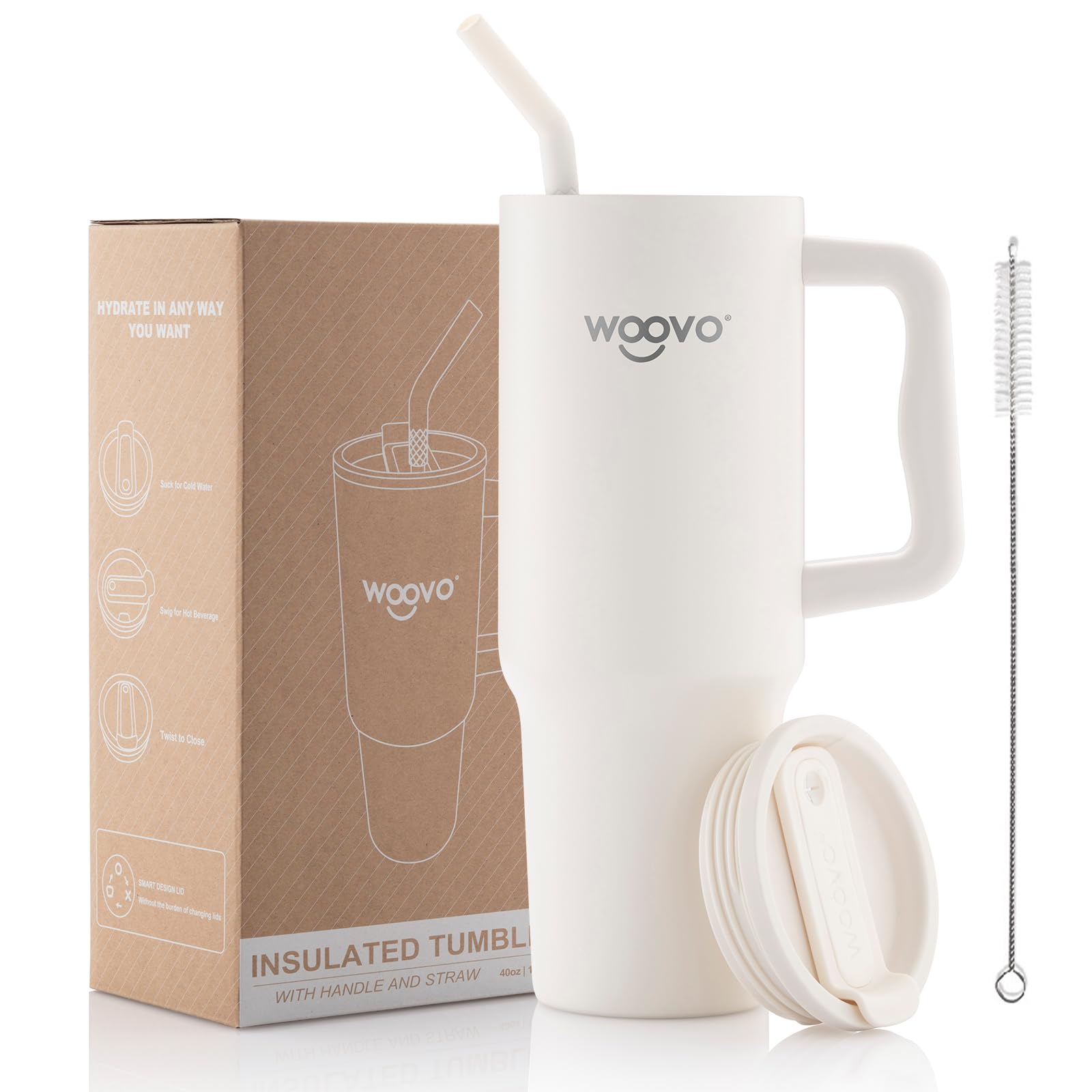 40 oz Water Bottle with Straw and Handle, Insulated Coffee Mug with Splash Proof Lid, BPA Free Reusable Double Wall Stainless Steel Water Cup, Keep Beverages Cold Hot for Hours, White