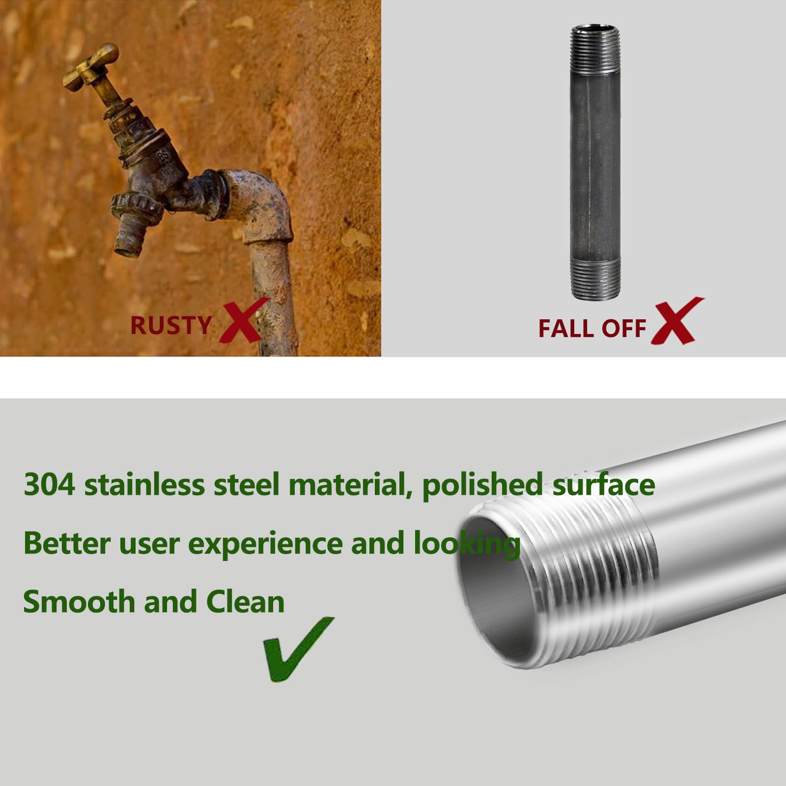 GeilSpace Tubo de acero inoxidable, boquilla de tubo 304 para tuberías y accesorios roscados estándar de 1/2 pulgada, tubo de metal industrial de bricolaje (2 piezas) (1/2 x 36 pulgadas)