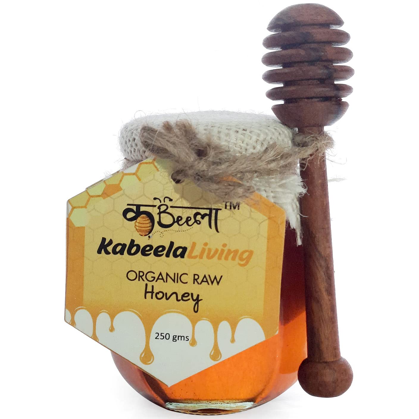 Kabeela Living Pure Raw Unprocessed Honey 250 Grams, with Wooden honey Dipper, Aravalli Forest Wildflower Honey