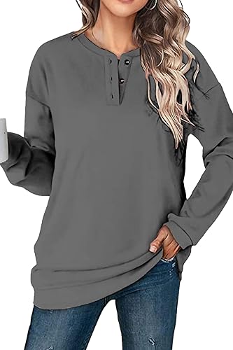 KINGFEN Sudadera casual de manga larga para mujer cuello redondo color sólido