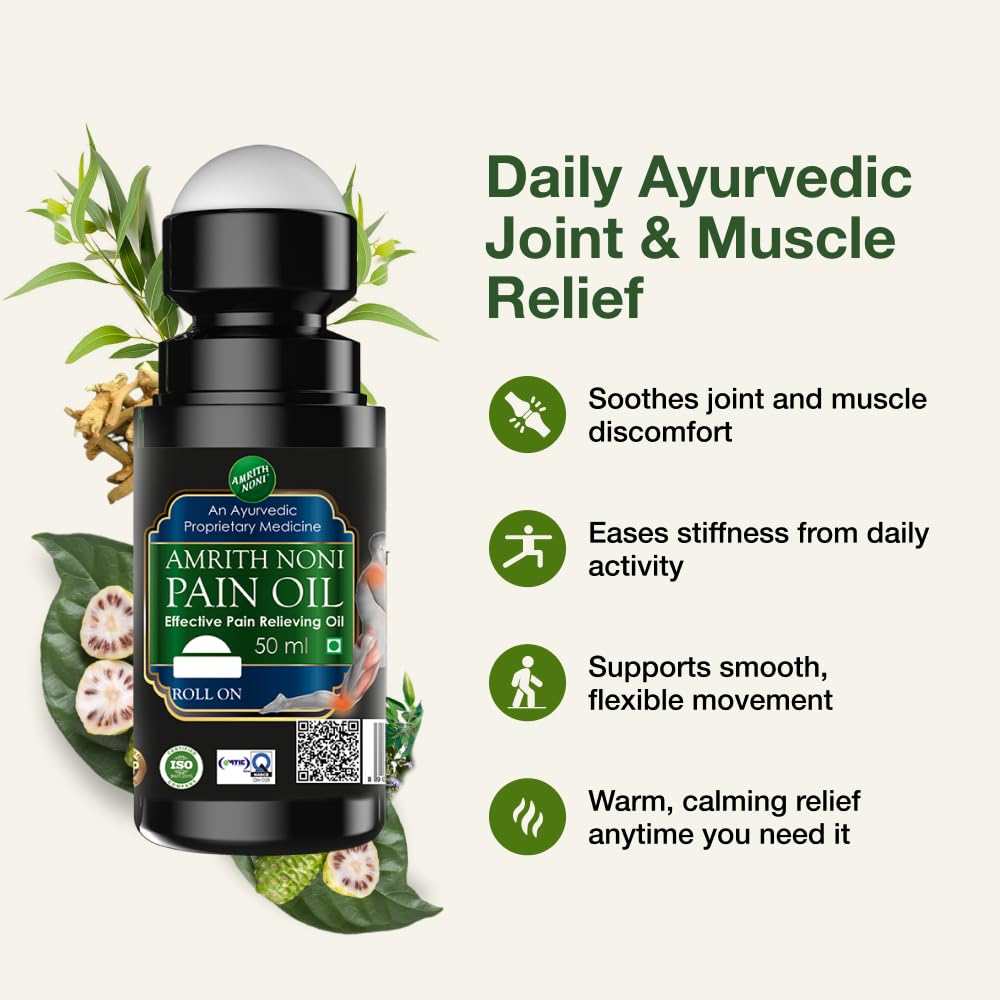 Amrith Noni Pain Oil Rollon 50ml | Ayurvedic pain relief roll on for low Back, Joint, Knee, Body, Ankle, Muscle, Neck, Shoulder, Elbow - Pack of 3 1