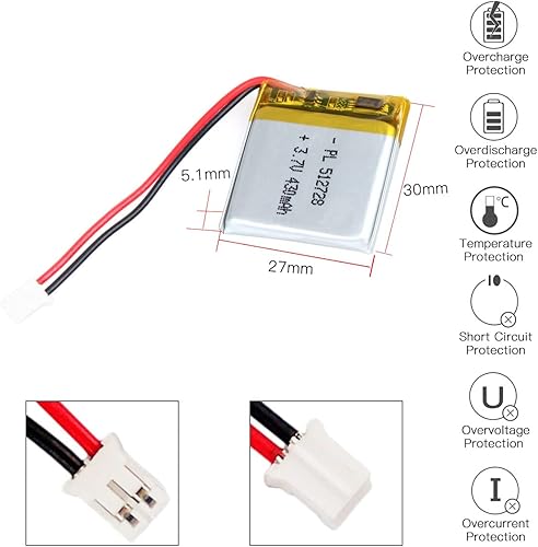 Miniatura 2 de Batería de 3.7V 430mAh 512728 Li-ion Li-Po recargable de iones de litio con conector de paso de 2P PH 0.079 in