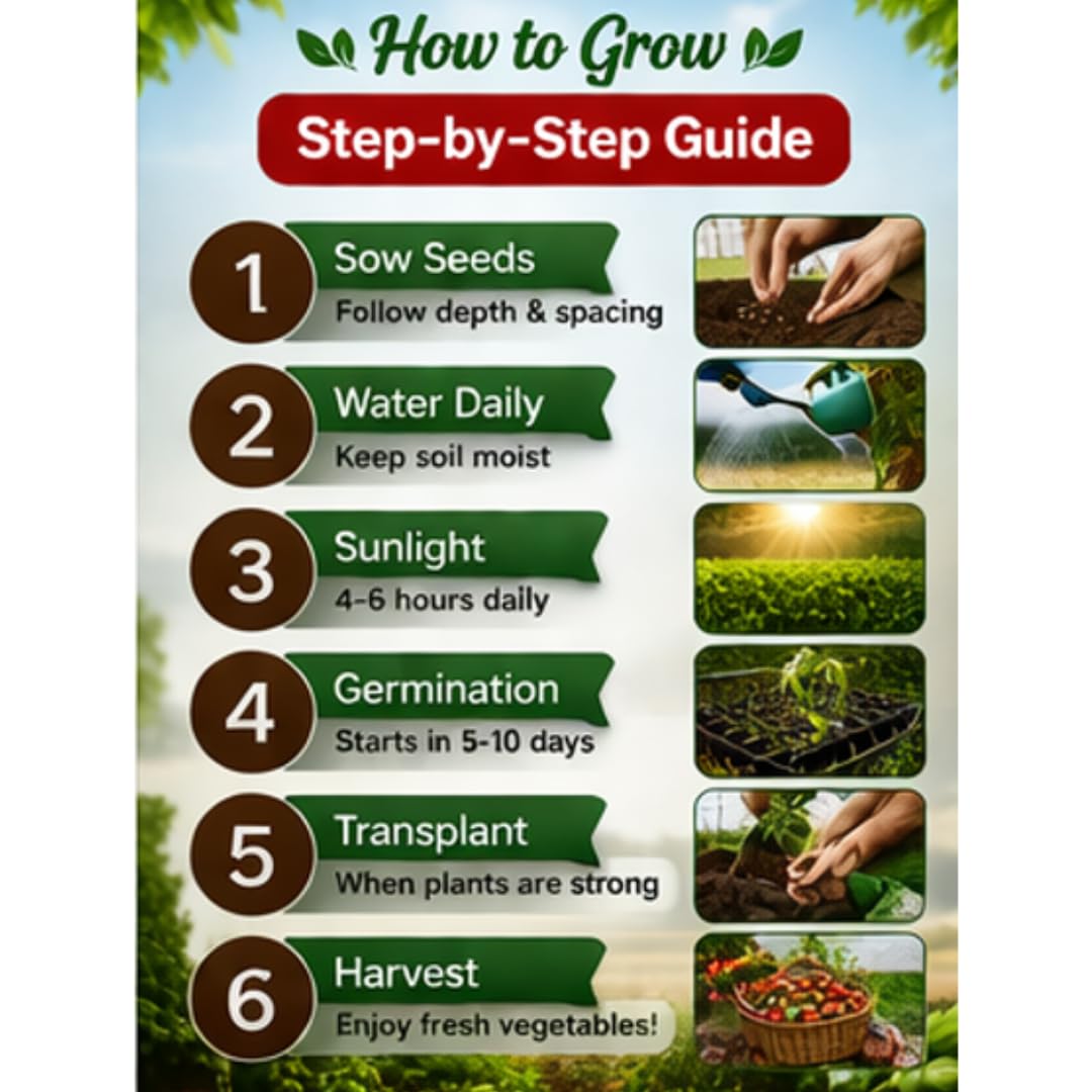 Saphirre Seeds Compatible Brand Rock Sollitairre Vegetable Seeds Combo Pack | 260+ Seeds | 6 Varieties | Cherry Tomato, Broccoli, Capsicum, White Brinjal, Red Ball Radish & Zucchini | High Germination 1