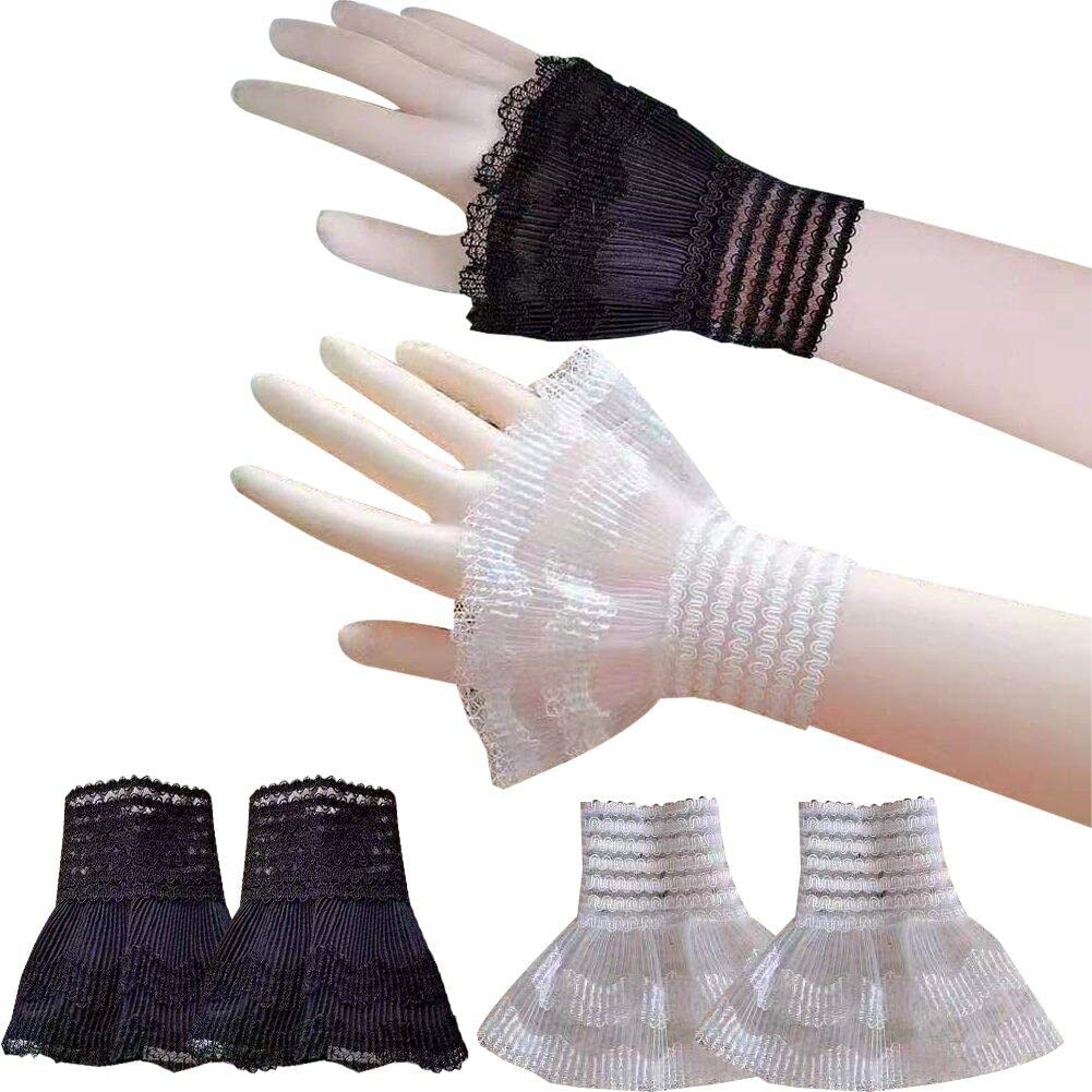 Lpitoy Women's As Shown 2 Pairs Lace Cuffs Fake Flare Sleeves Floral Lace Pleated Ruched Detachable False Cuffs Wrist Sleeves