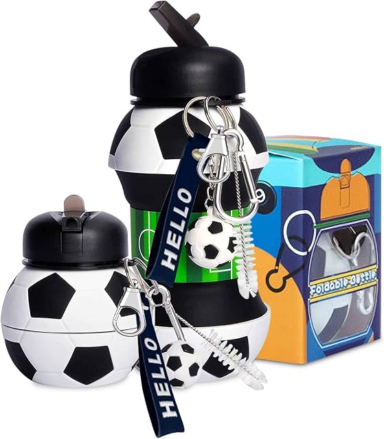 KALAHOL Football Water Bottle - 500ml Silicone Collapsible Football Drinks Bottle Football Gifts for Boys and Girls Leakproof Boys Water Bottle with Keyring/Carabiner Clip/Cleaning Brush - BPA Free