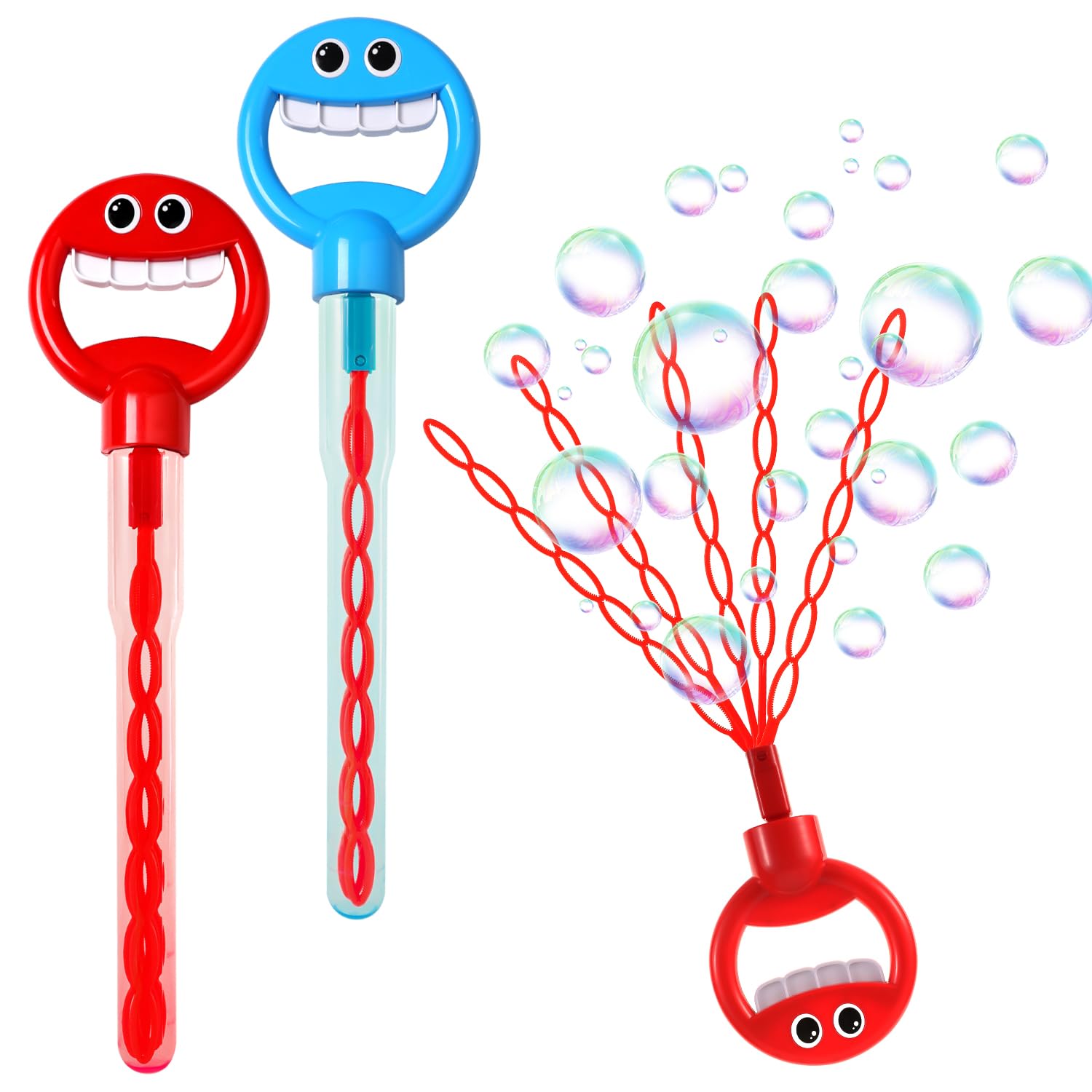 Bubble Wand 2 Pack, 36 Hole Smiling Face Bubble Wand for Kids Outdoor Game Toy, 5-Claw Cute Hand-Shape Bubble Sticks for Party Favors, Birthday Gifts, Wedding Gifts (2PCs/Blue+Red)
