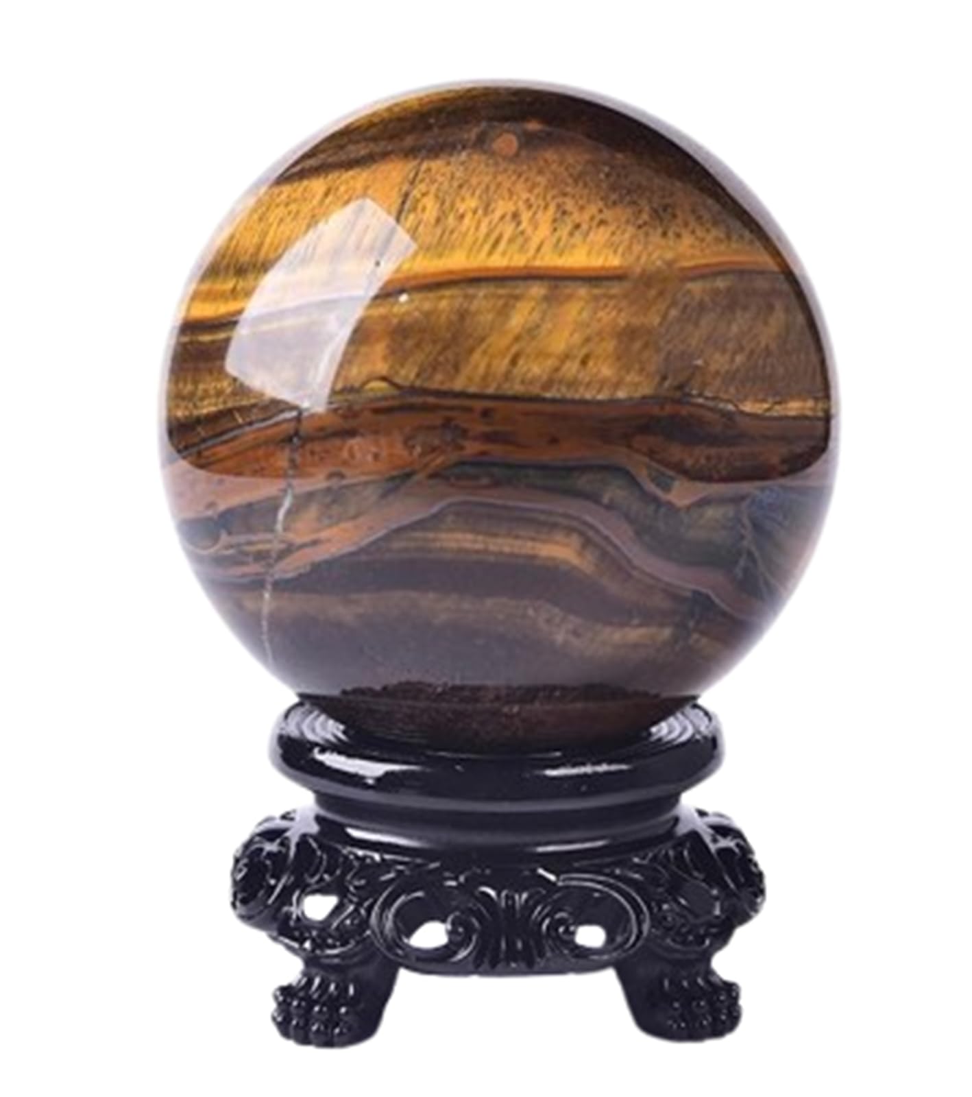 AARTERZZA Home Office Ornament Crystal Ball, Tiger Eyes Polished Divination Sphere with Stand, Stone Figurines for Feng Shui Decorative,8.5cm