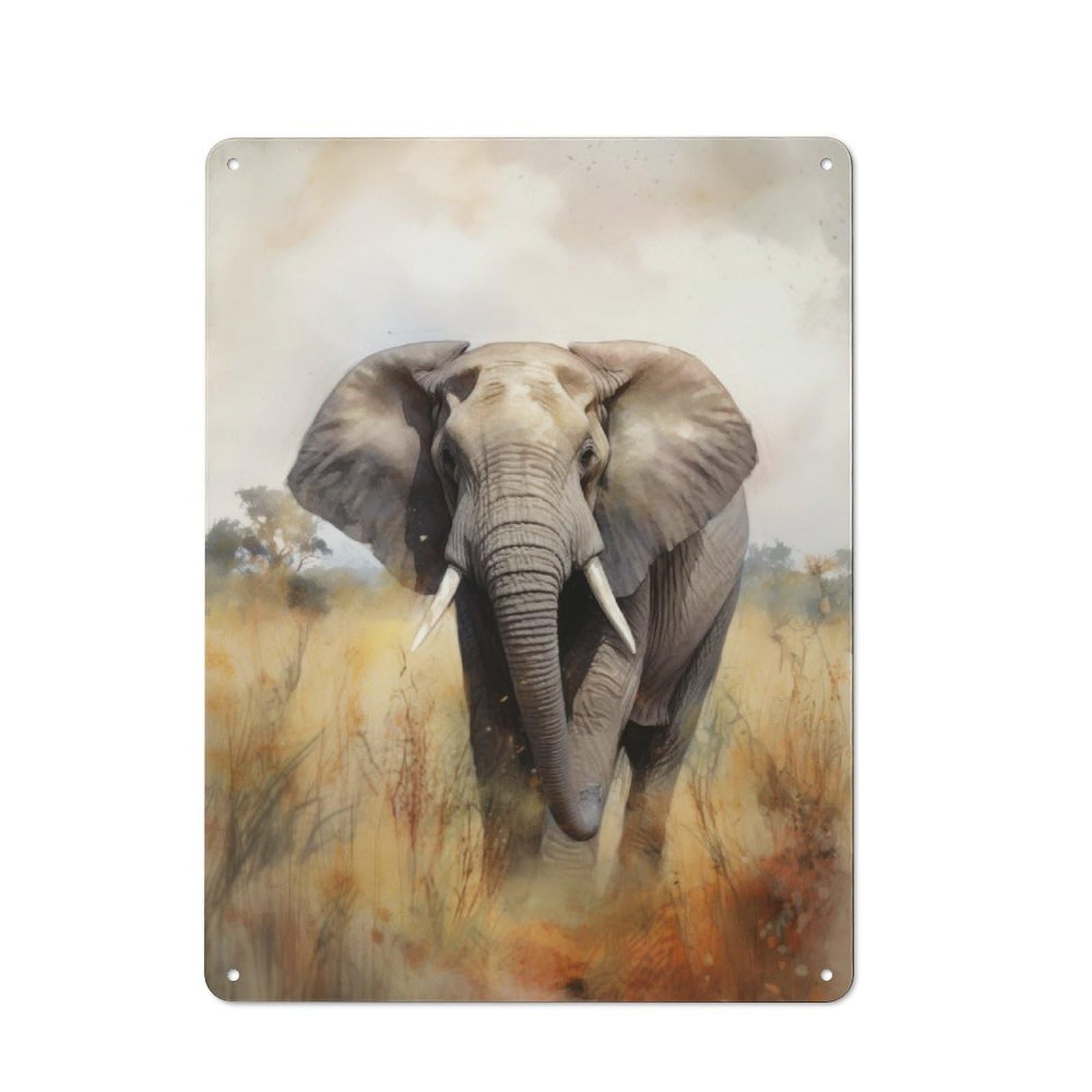 Junmoney Elephant In Savanna Watercolor For Studio Or Craft Room, Rustic Metal Wall Sign 40X30cm, For Vintage Wall Decor Fans, For Metal Sign Collectors