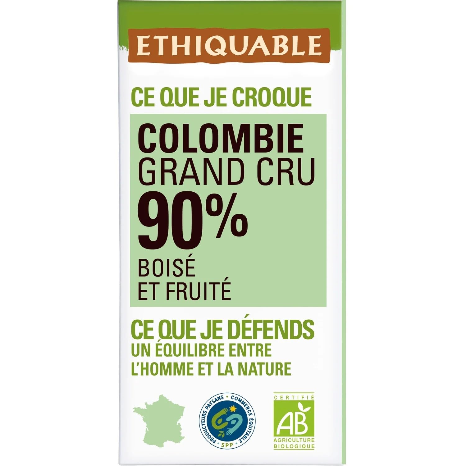 ETHIQUABLE - Chocolat Noir 90% Colombie Bio - 3 Ingrédients Sans Additifs - la tablette de 100g - Le Lot De 4