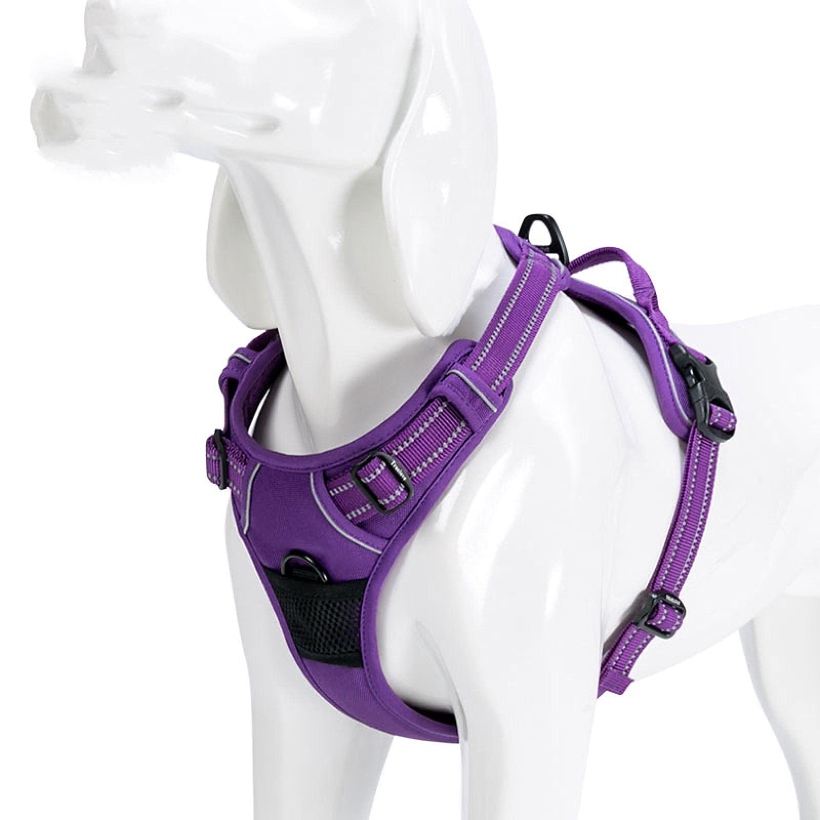 Reflectante nylon grande mascota perro arnés servicio todo clima perro V en forma de cuero de plomo ajustable acolchado para seguridad coche mascota M56-69cm busto púrpura