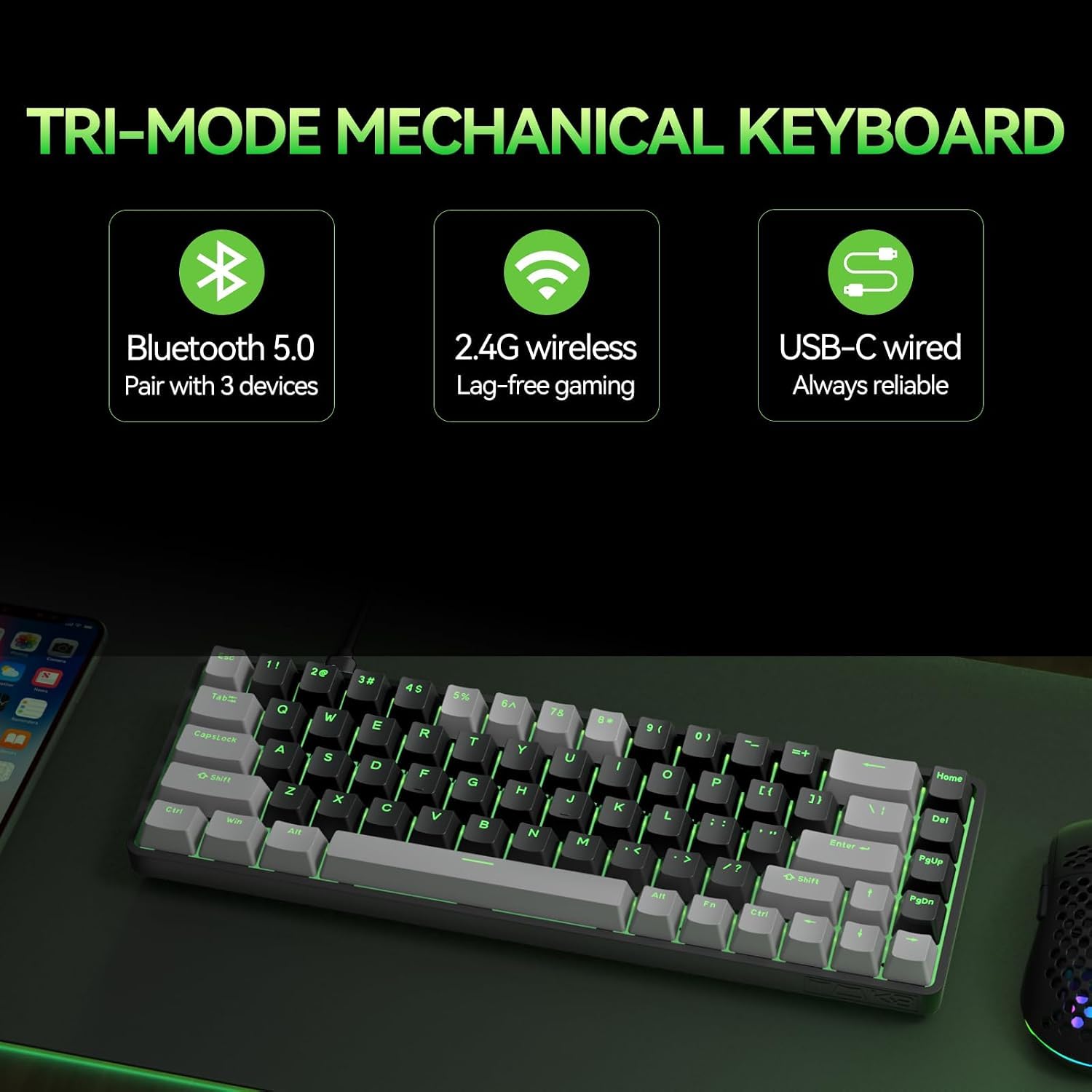 Tastiera meccanica da gioco wireless TMKB T68, tre modalità, A