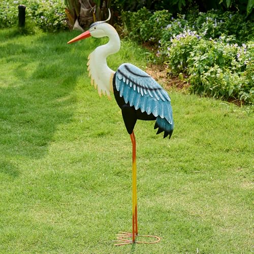 Crane Garden Metal Decor Statue - Large Standing Crane Statue, Metal Birds Yard Art Outdoor Sculpture, Heron Decoration Bird, Outdoor Backyard Decor, Patio, Porch, Lawn Ornament, Yard Decoration