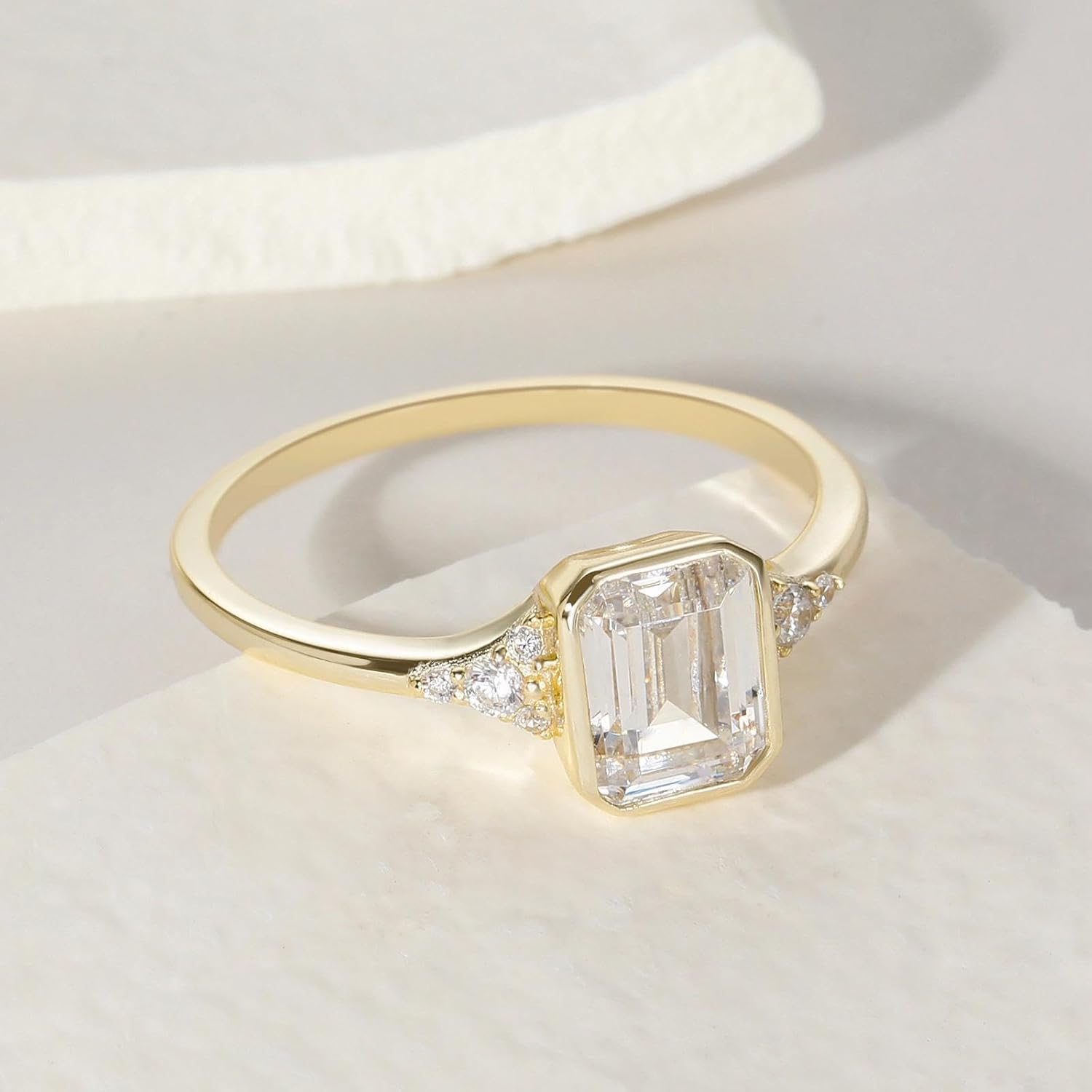 EAMTI 2CT Engagement Rings for Women Emerald Cut Cubic Zirconia Wedding Bands Travel Bezel Ring 14K Gold Plated Size 4-10 - Image 2