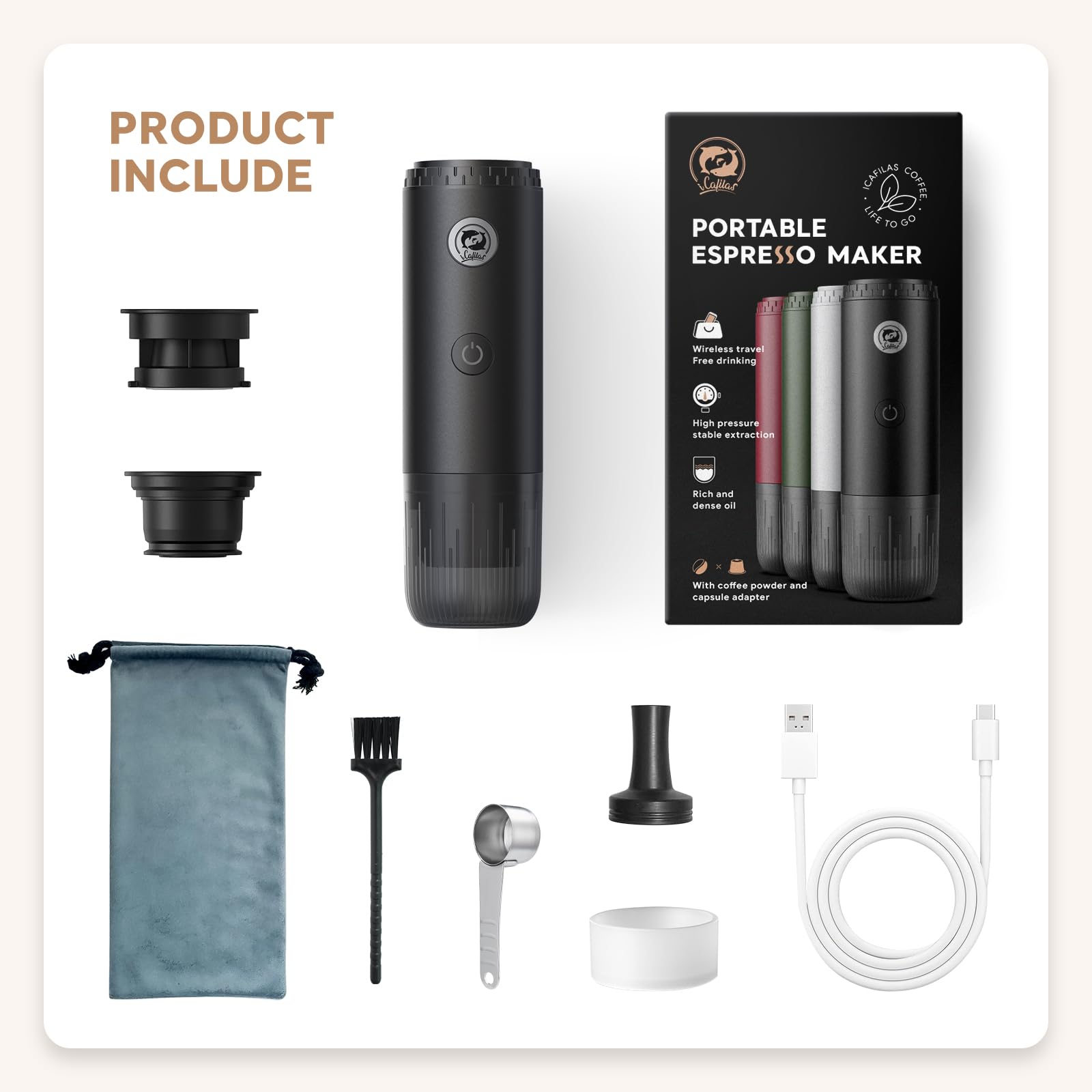 Cafetera espresso portátil con autocalentamiento, cafetera eléctrica de viaje de 19 bares para campamento y coche, mini máquina de espresso 2 en 1 compatible con cápsulas Nespresso y café molido