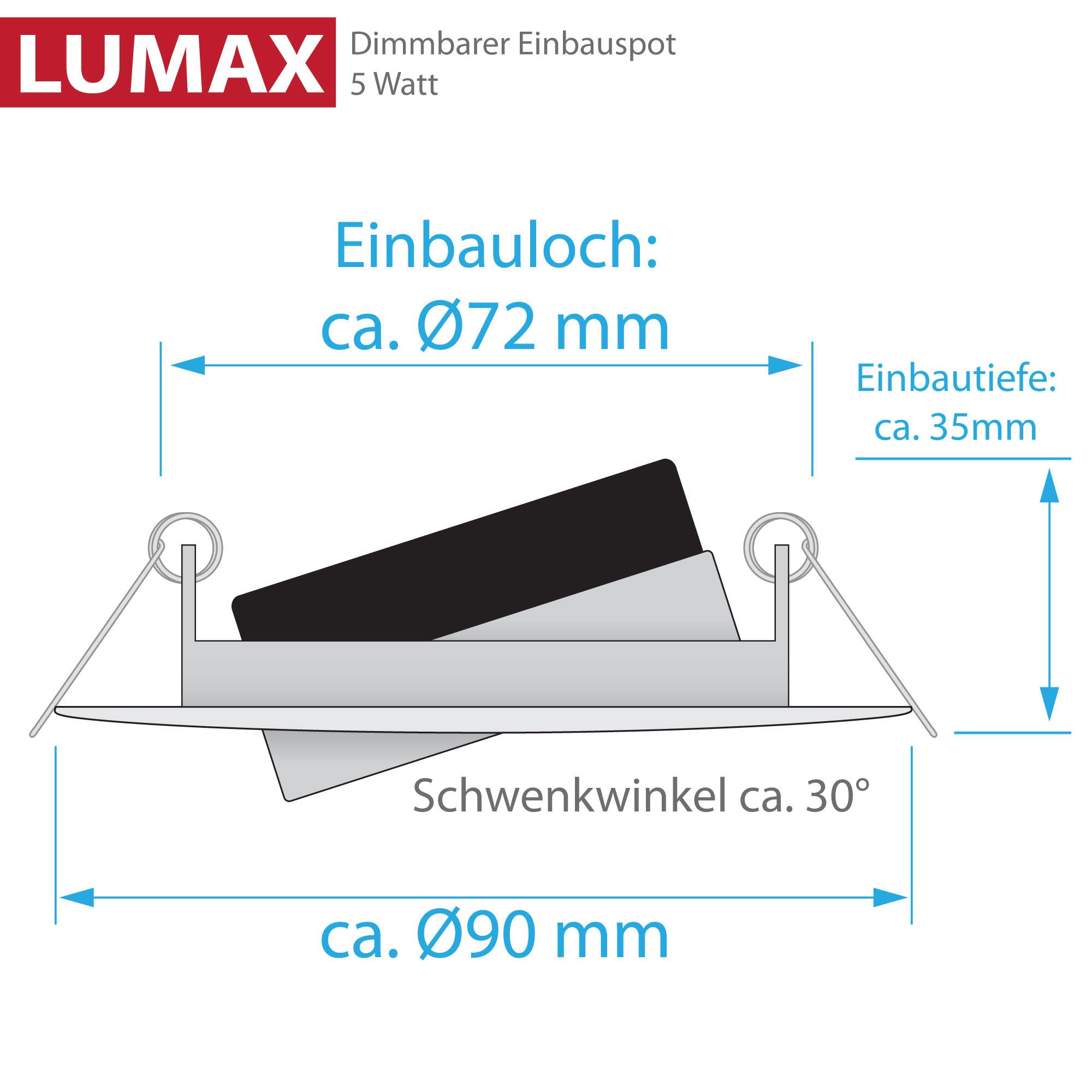 Maxkomfort LED Einbaustrahler Weiß 230V dimmbar 12x 5W 365lm warmweiß ultraflach schwenkbar Ø72mm Deckenspot für Küche Wohnzimmer Flur LED Spots Energieklasse F Lumax