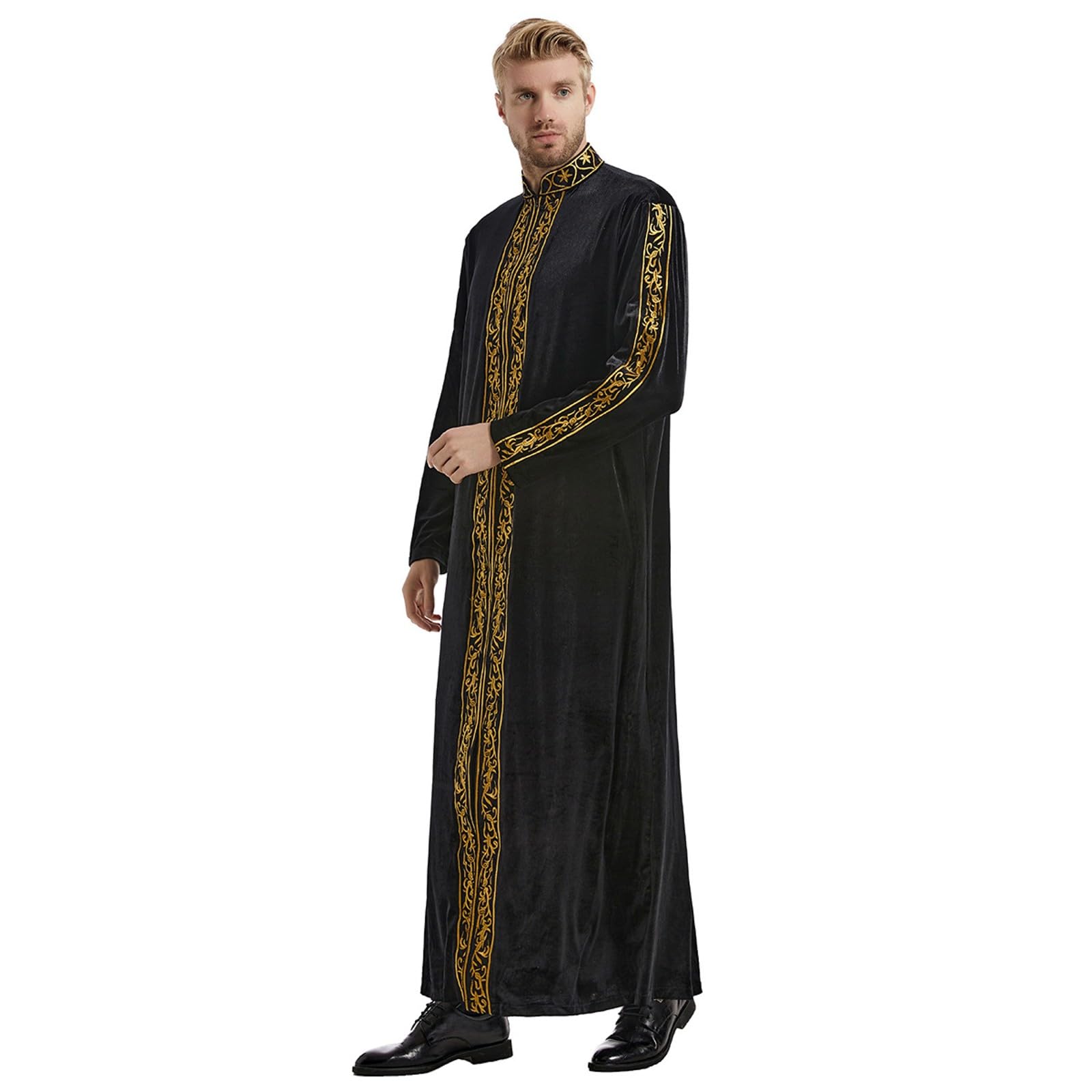 Ramadan Caftano Uomo Oro Velluto Abiti Musulmani Abaya Arabo Thobe Manica Lunga Tunica Musulmano Ricamo Islamico Robe Dubai Vestiti Sauditi Medio Oriente Abbigliamento da preghiera