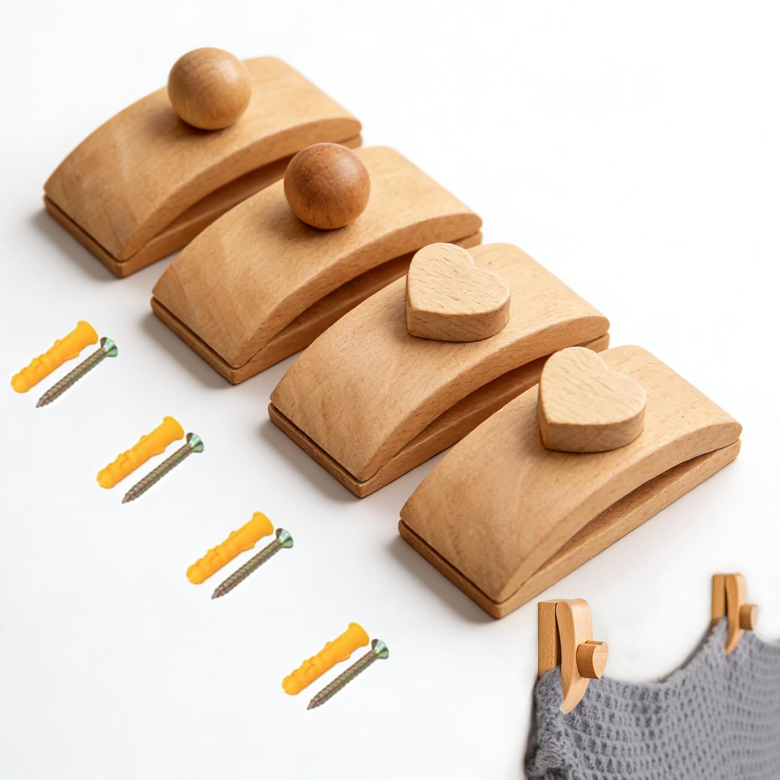 4 Pack Quilt Hangers for Wall for Display, Blanket Hanger Clamps, Wooden Wall Clips for Hanging, Tapestry Hangers, Hang up and Display Quilts, Tapestries, Rugs, Fiber Art, and More(Light,Heart-shaped)
