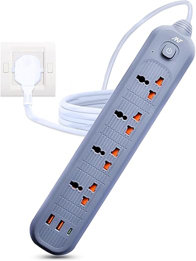 ANT PS421 Power Strip,10ft Universal Extension Cord 4 AC Outlets 2USB 1 Type C PD Ports, Flat Plug, Max 2500W, 220-250v, Multiple Outlet Extender…