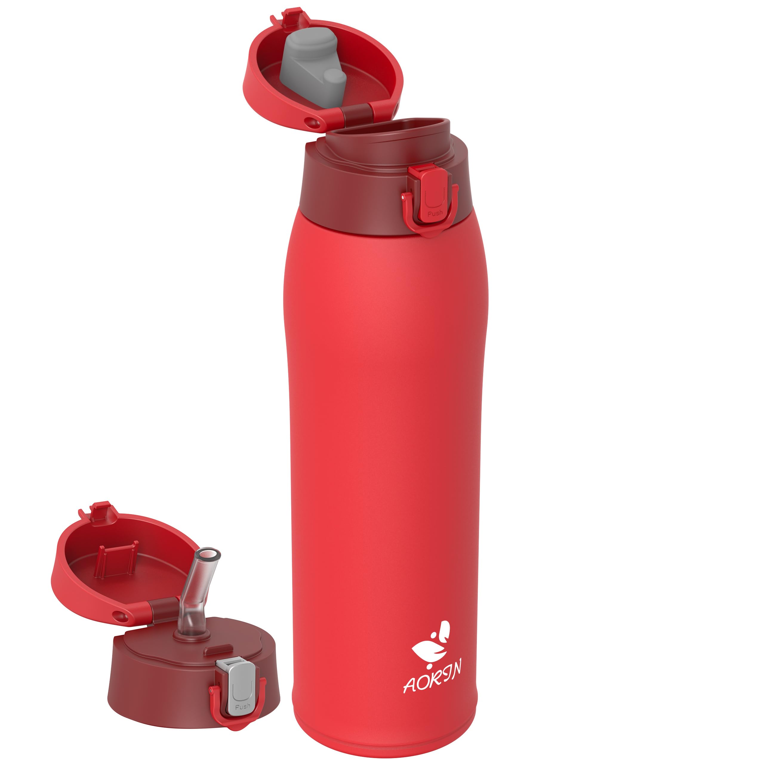 AORIN Drinking Bottle Stainless Steel 18/8, 950 ml, Leak-Proof Thermos Flask, Double-Walled with 2 Lids, BPA-Free Sports Bottle, Drinking Bottles for Sports, School, Outdoor