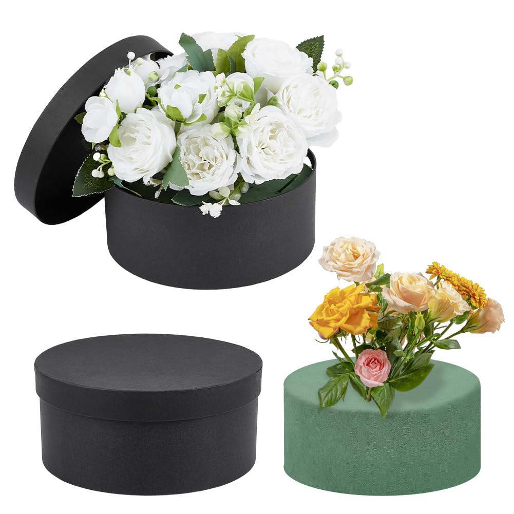 PH PandaHall 1pc Round Gift Box with Lid Floral Foam Set Black 8x3 Inch Decorative Flower Box for Mother's Day Bridesmaid Wedding Gifts Bouquet Arrangement Valentine's Day Decoration