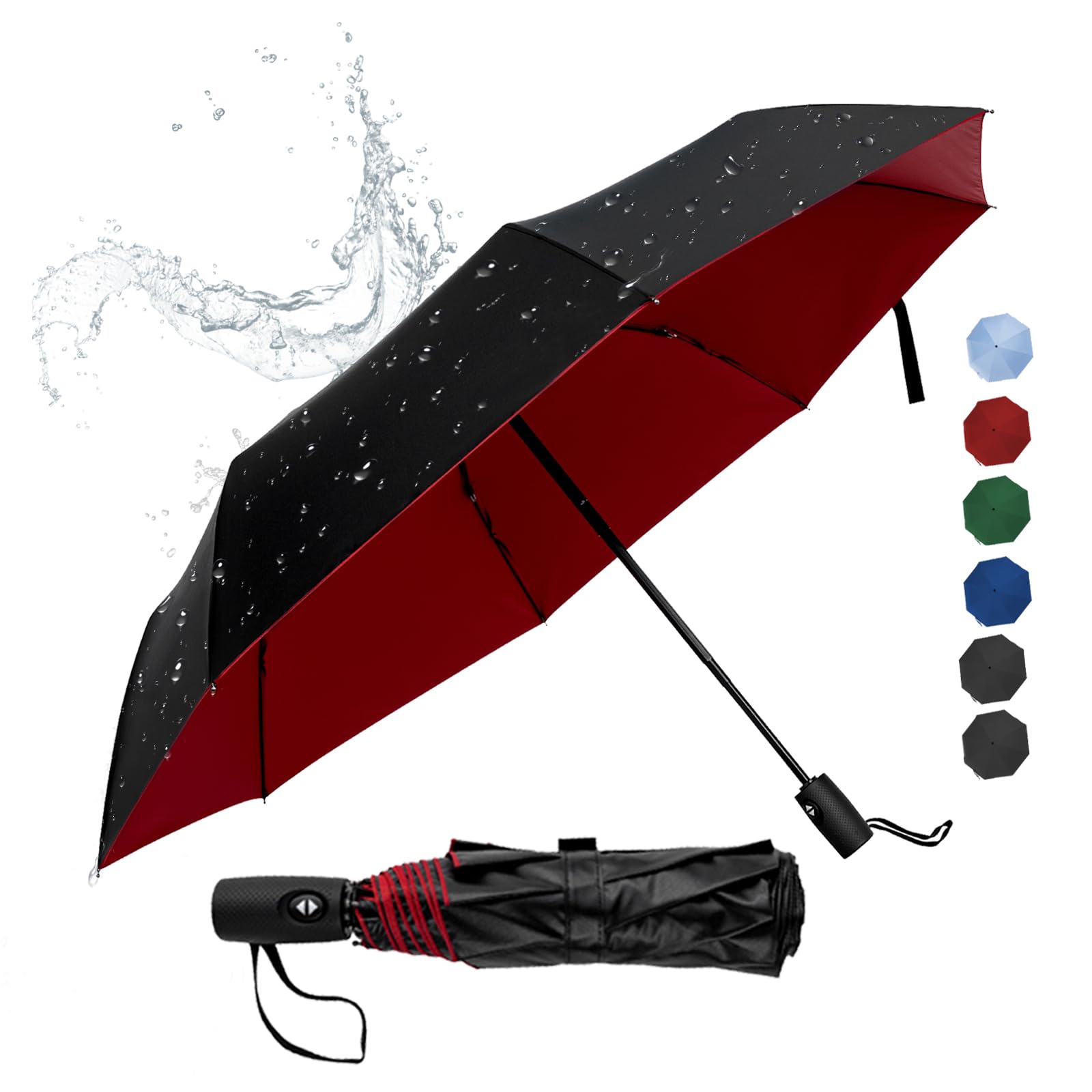 ALFROTEYALFROTEY Compact Travel Umbrella - Automatic Open/Close, Windproof, UV Protection, Lightweight, Folding Car Umbrella for Women & Men (Black Red, L)