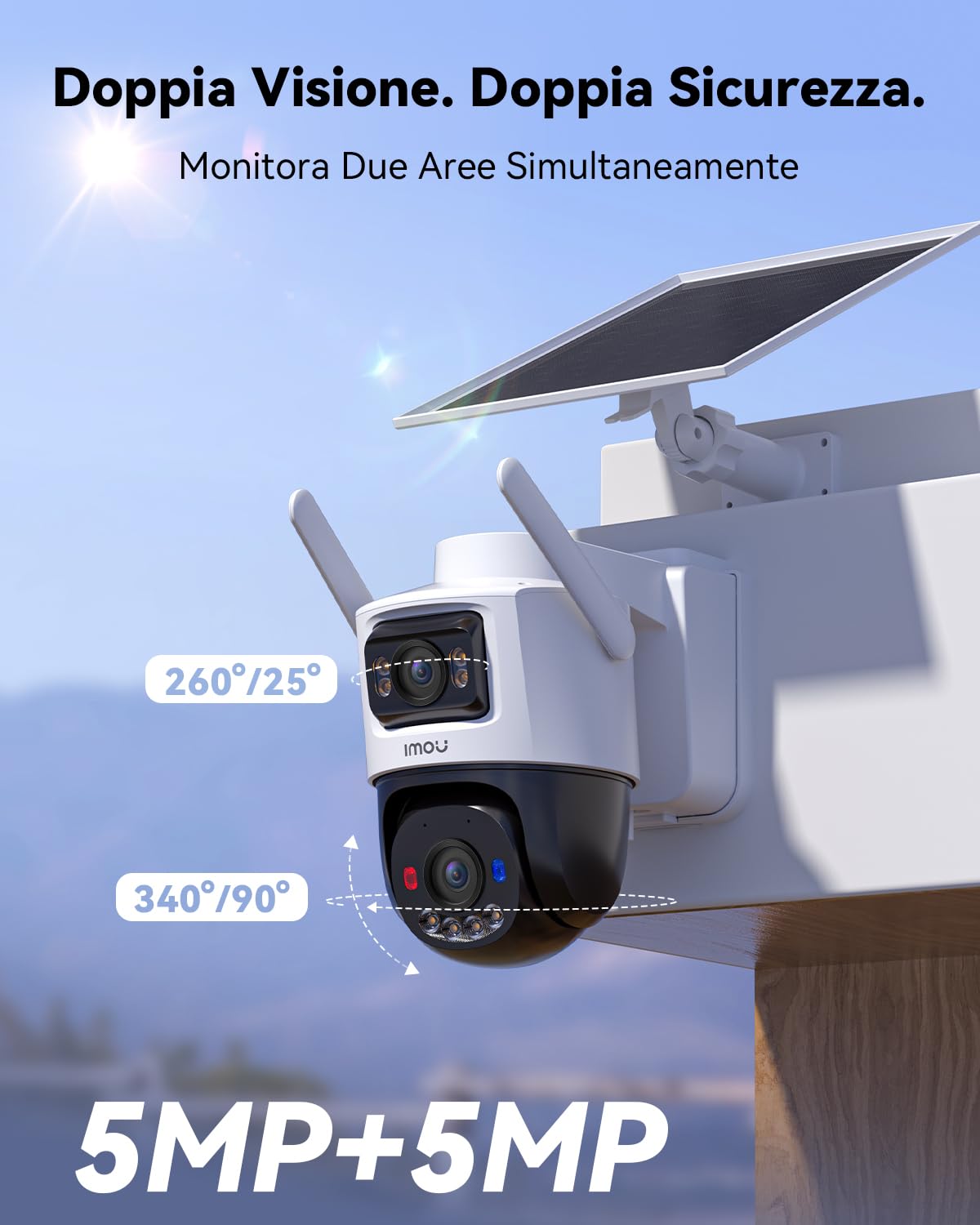 Imou 10MP(5MP+5MP) Telecamera Pannello Solare 8W con Doppia Lente, Telecamera Wi-Fi Esterno 4G con SIM Card, AOV Registrazione 24/7, Rilevamento Umano/Veicoli, 10000mAh Batteria, Micro SD 128GB, IP65