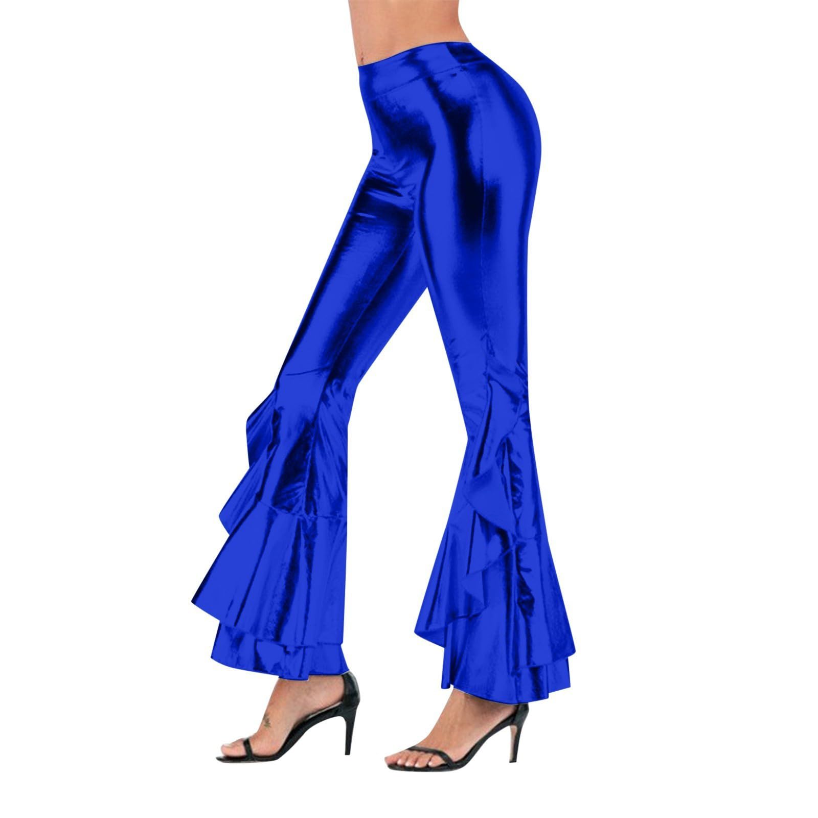 Flare Trousers Shiny Metallic Faux Leather Leggings Women High Waisted Ruffled Bell Bottom Pants Retro Disco Style for Festival Performance Party Wear Figure Rave Outfits Clubbing 3XL Blue