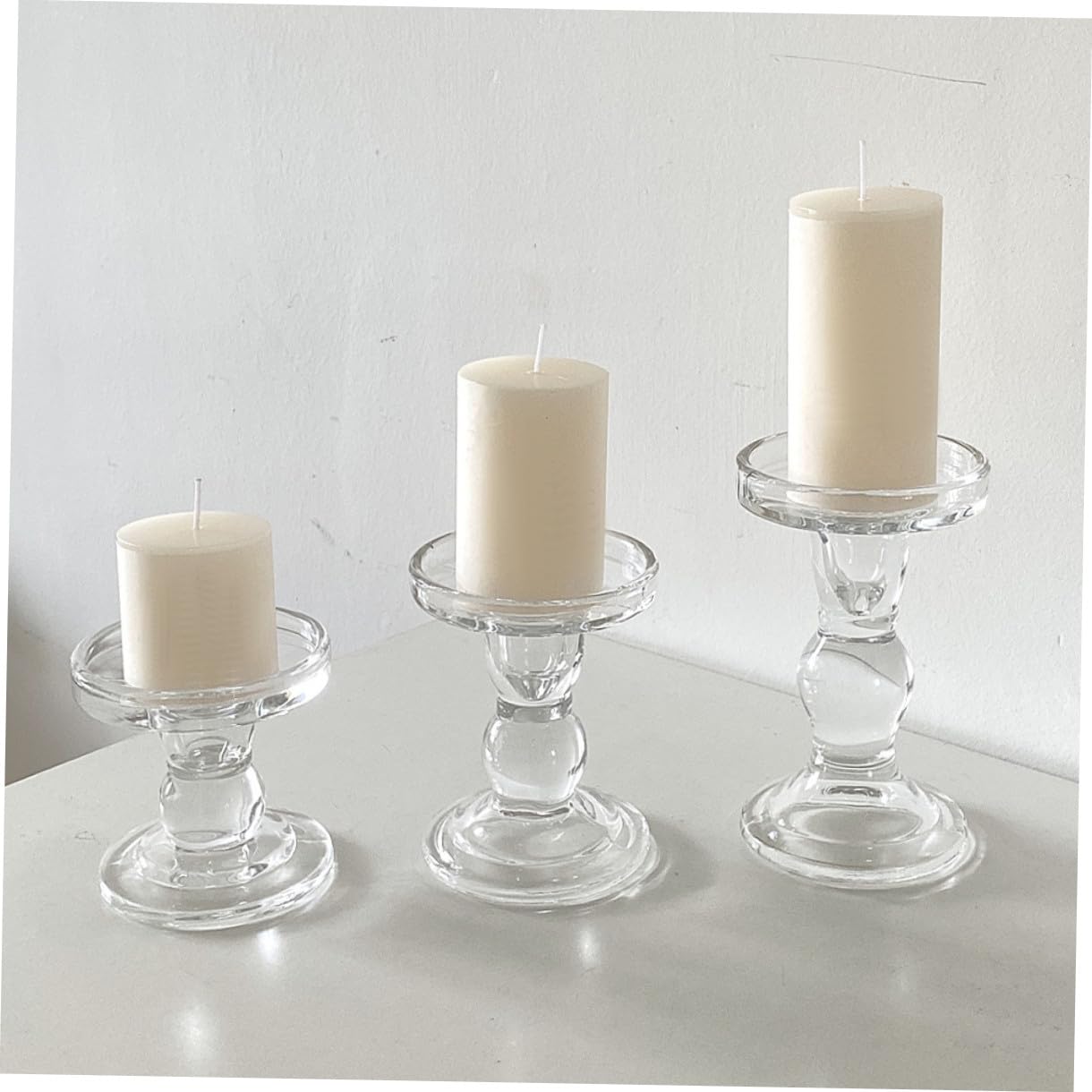 3 Stück 3 teiliges Glas Kerzenhalter Set für Stabkerzen und Teelichter transparente Vintage Säulen Kerzenständer sicherer und Leichter Glasleuchter für Hochzeit Party und