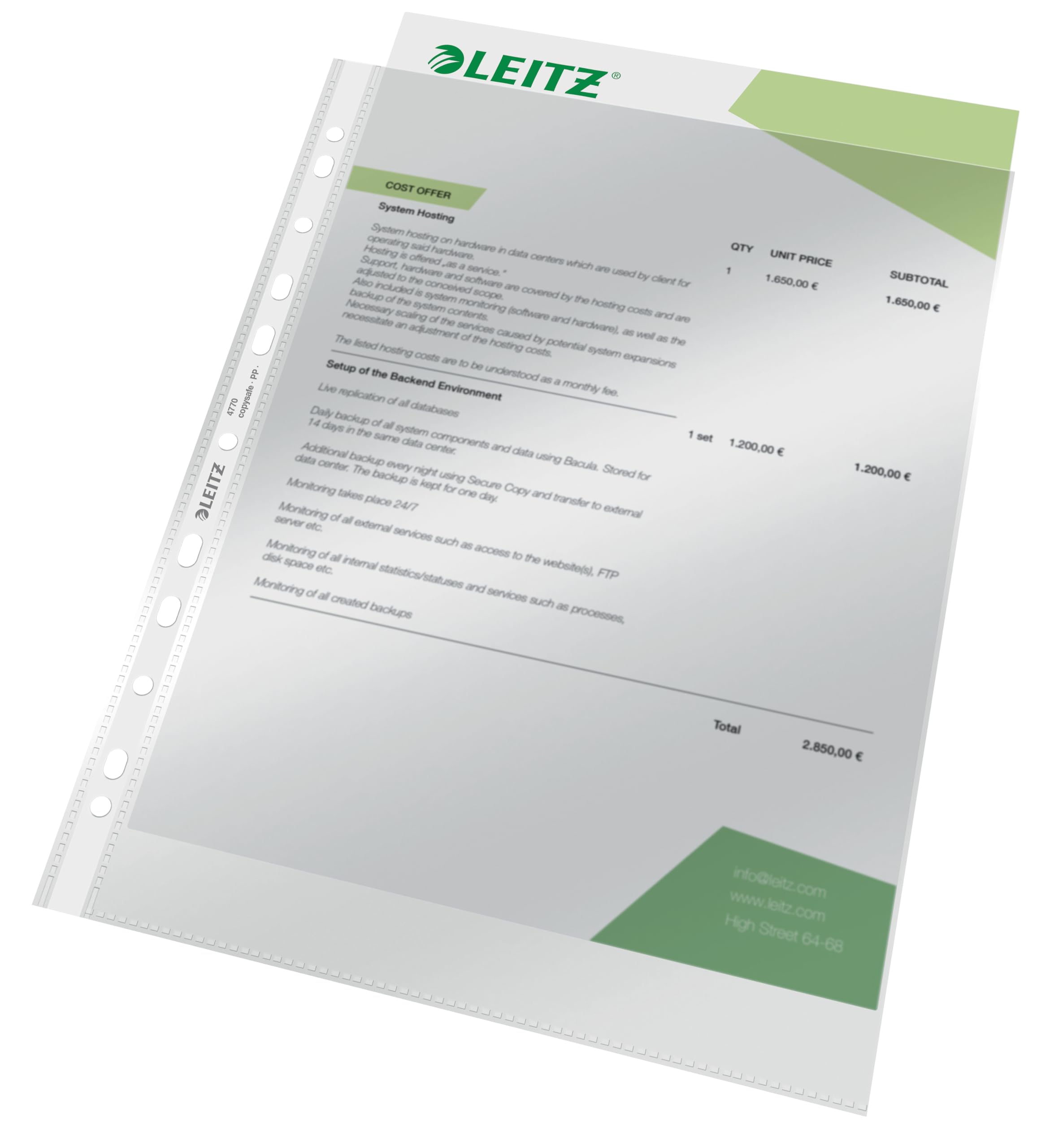 Leitz, pochettes perforées A4, PP transparent lisse, 75 microns, Boite de 100 pochettes, 47700002