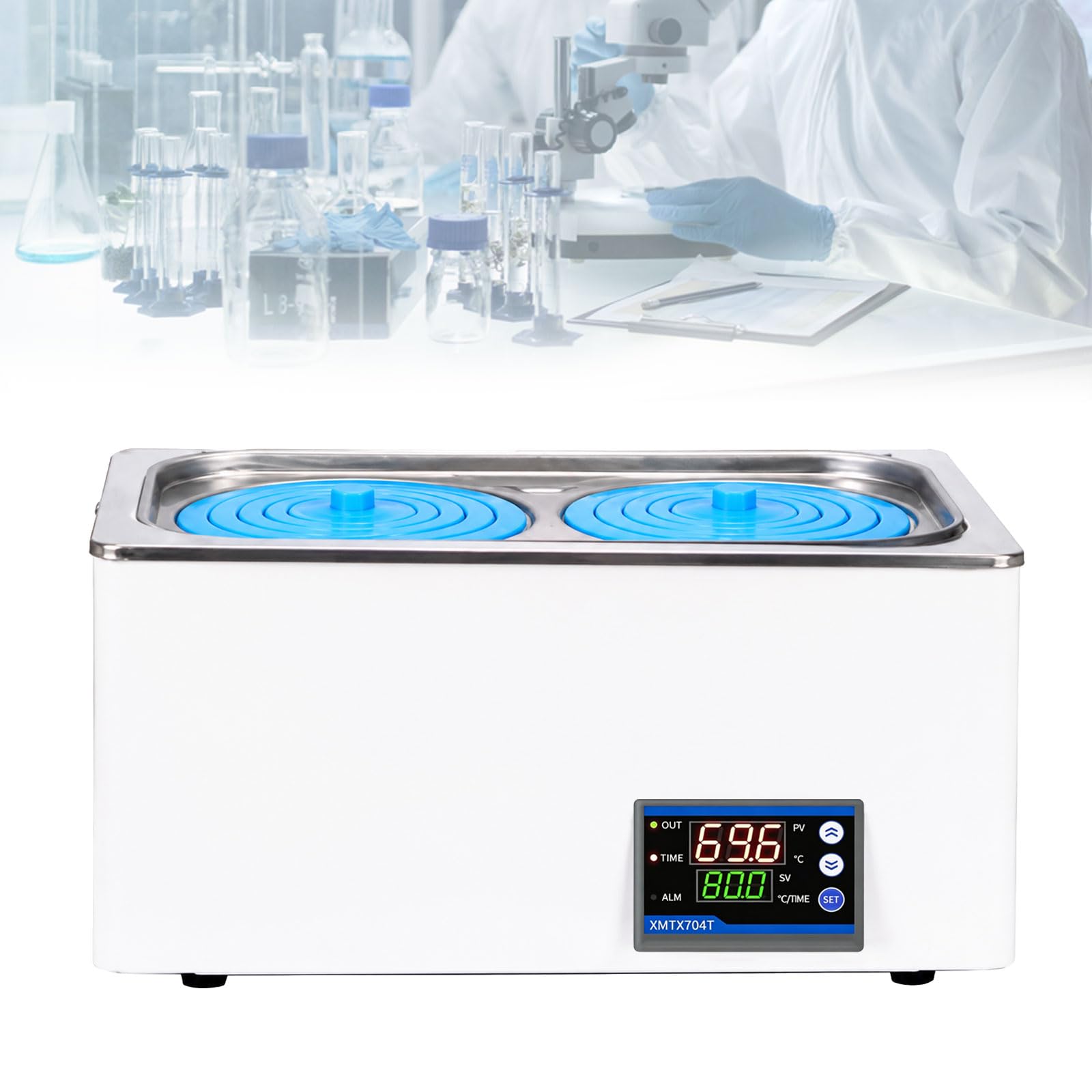 Bagno d'acqua termostatico digitale da laboratorio con protezione contro il funzionamento a secco, 6,5 l, 600 W, doppia apertura, in acciaio inox, timer e regolazione della temperatura (± 0,1 °C