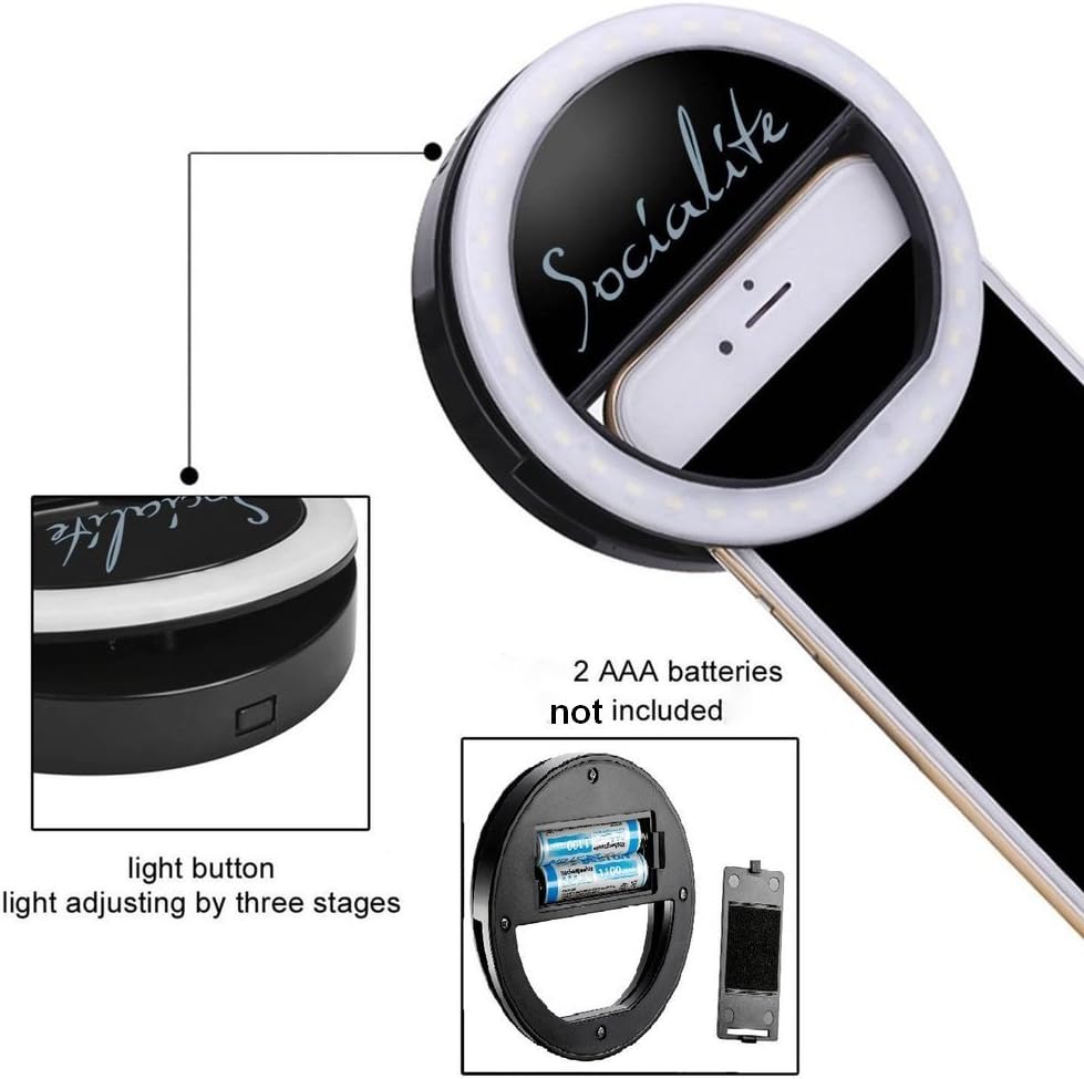 Socialite Selfie Ring Light for Cell Phone - Mini LED Clip On Light for iPhone Android Google Pixel - The Perfect Portable Photography Lighting That Works with All Cell Phones Front and Back Camera