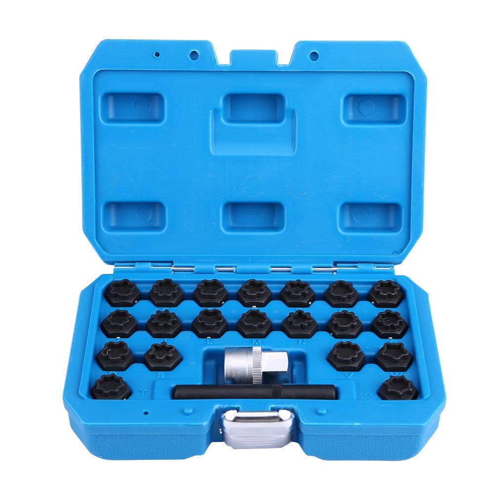 22 Piezas Juego de llaves de tuercas de bloqueo de rueda de, Herramienta de Juego de zócalos torcidos para quitar tornillos de tuercas antirrobo de rueda de coche de aleación de acero con juego de ada