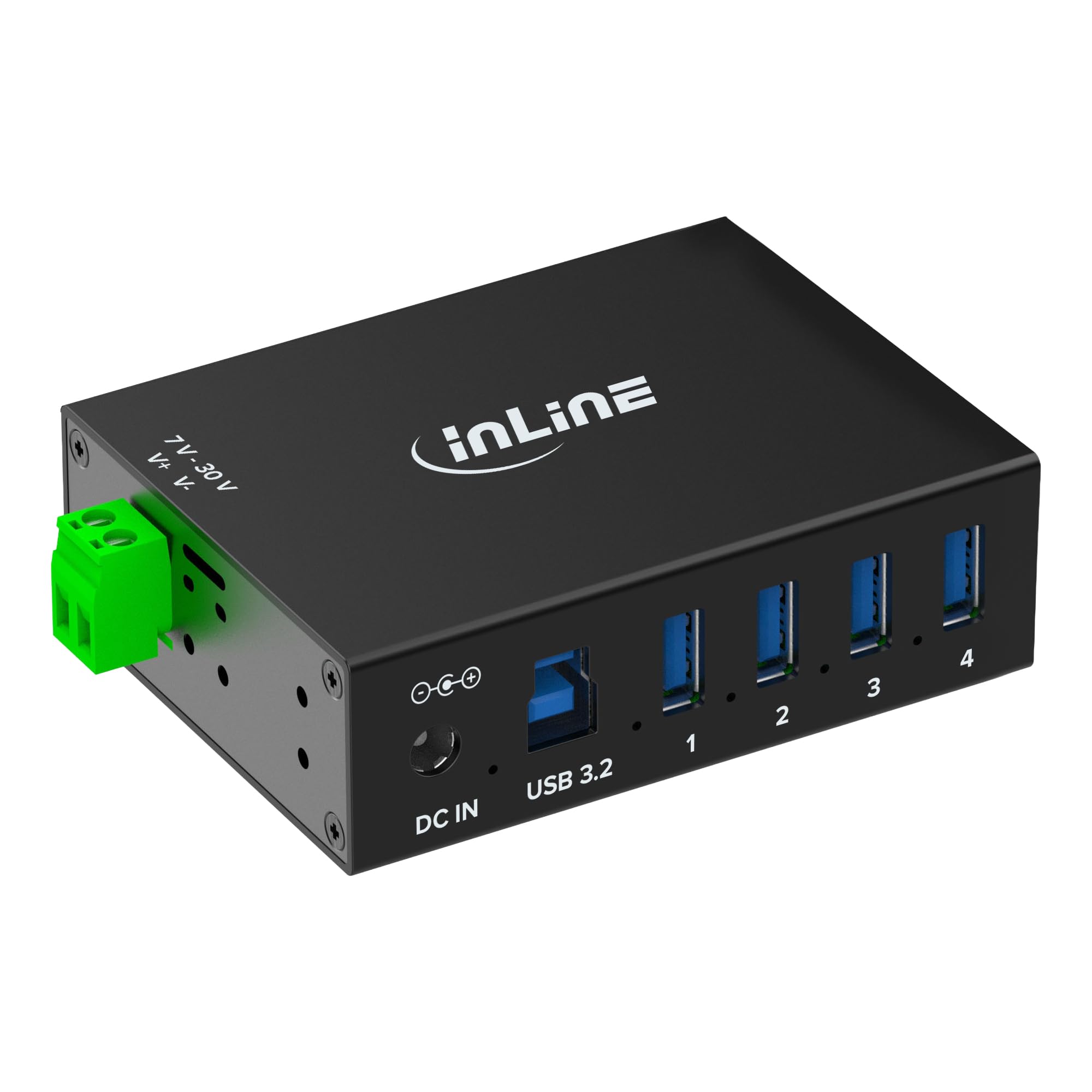 Inline Hub industriale USB 3.2 Gen.1 con 4 porte, alloggiamento in alluminio, montaggio su guida DIN, hub USB attivo con alimentatore, 5 Gb/s, 35396A