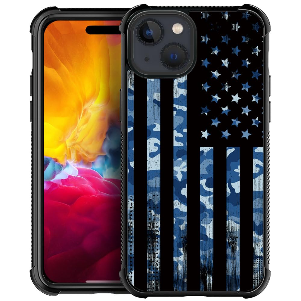 Yesad Compatible with iPhone 15 Case,Blue Camo American Flag Soft TPU Bumper Shockproof Tempered Glass Back Cover Case for iPhone 15