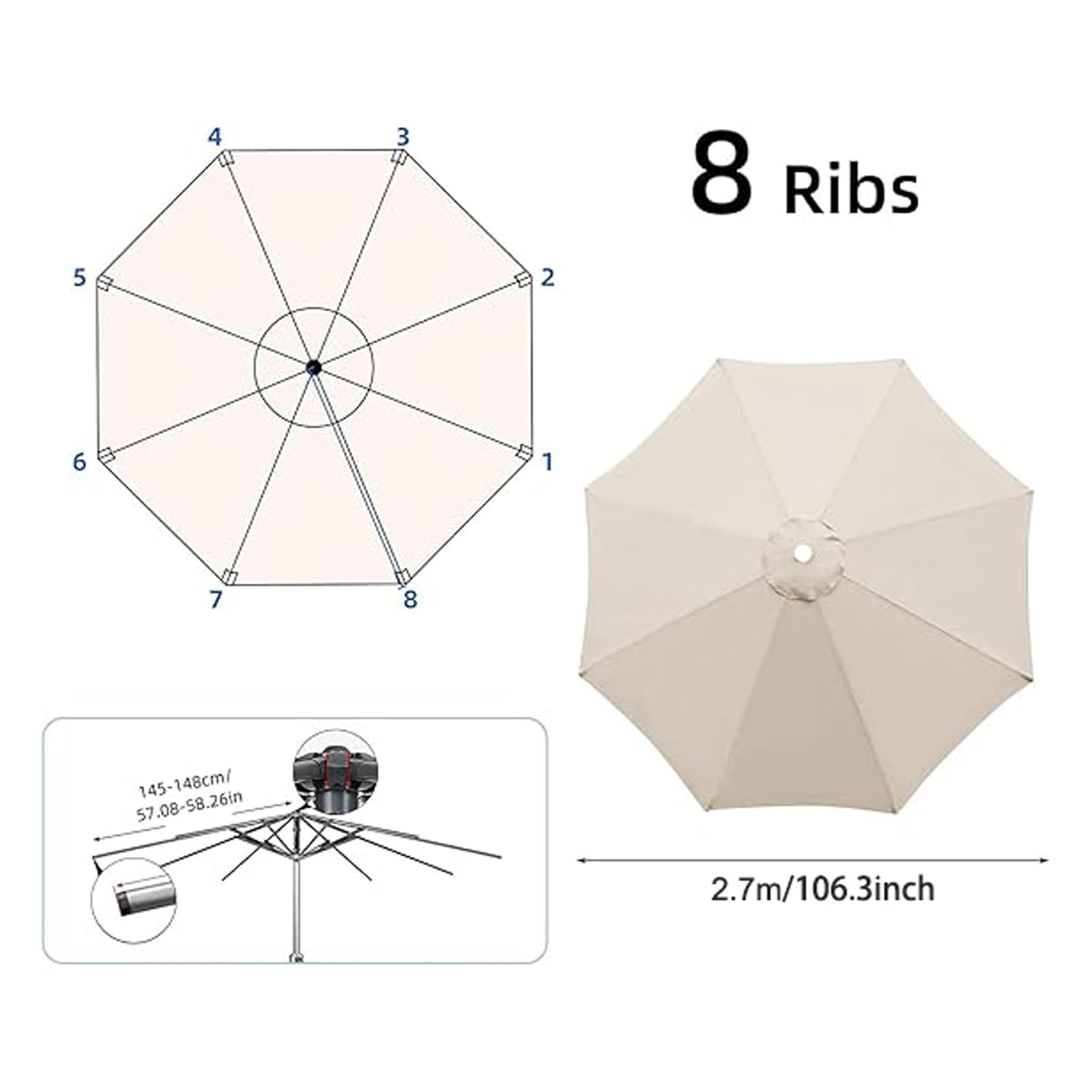 Générique Toile de Remplacement pour Parasol 8 Branches Housse de Remplacement pour Parasol de Jardin 2.7M Terrasse pour Jardin Cour Plage