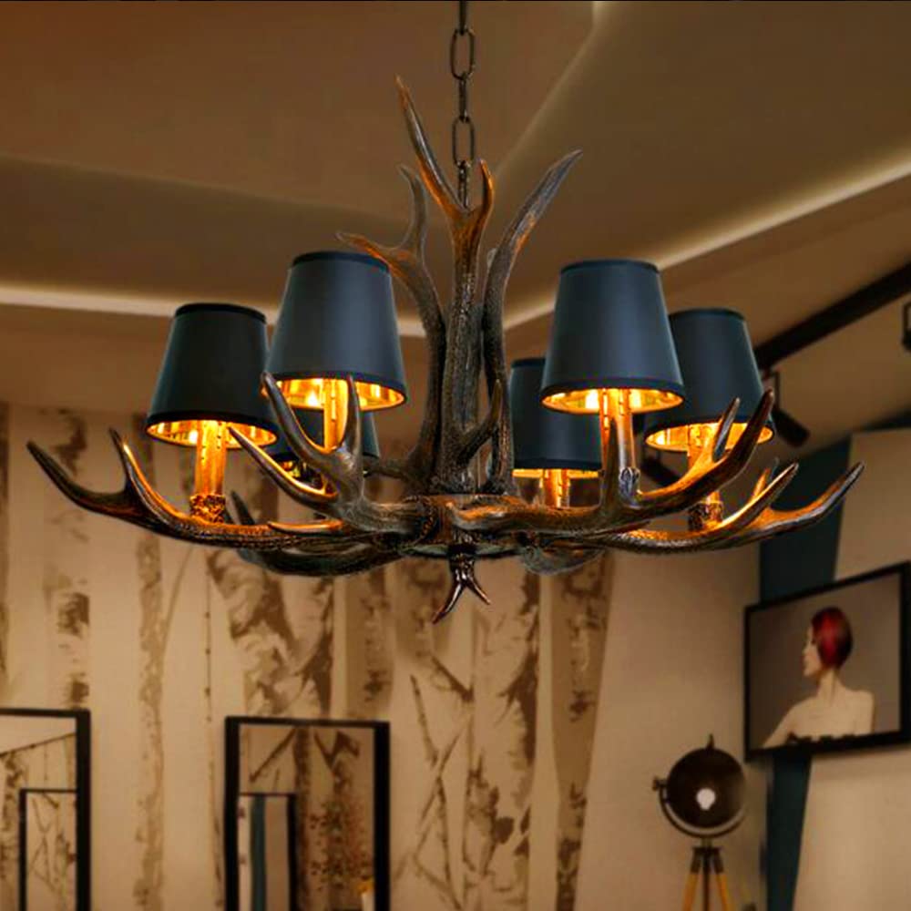 Geweih Kronleuchter Vintage Style Harz Hängeleuchte Kerze Pendellampe Esszimmer Lampe Antiken E14 Hängelampe Wohnzimmer Pendelleuchte Schlafzimmer Deckenlampe Bar Cafe Dekorative Beleuchtung, 6 Licht