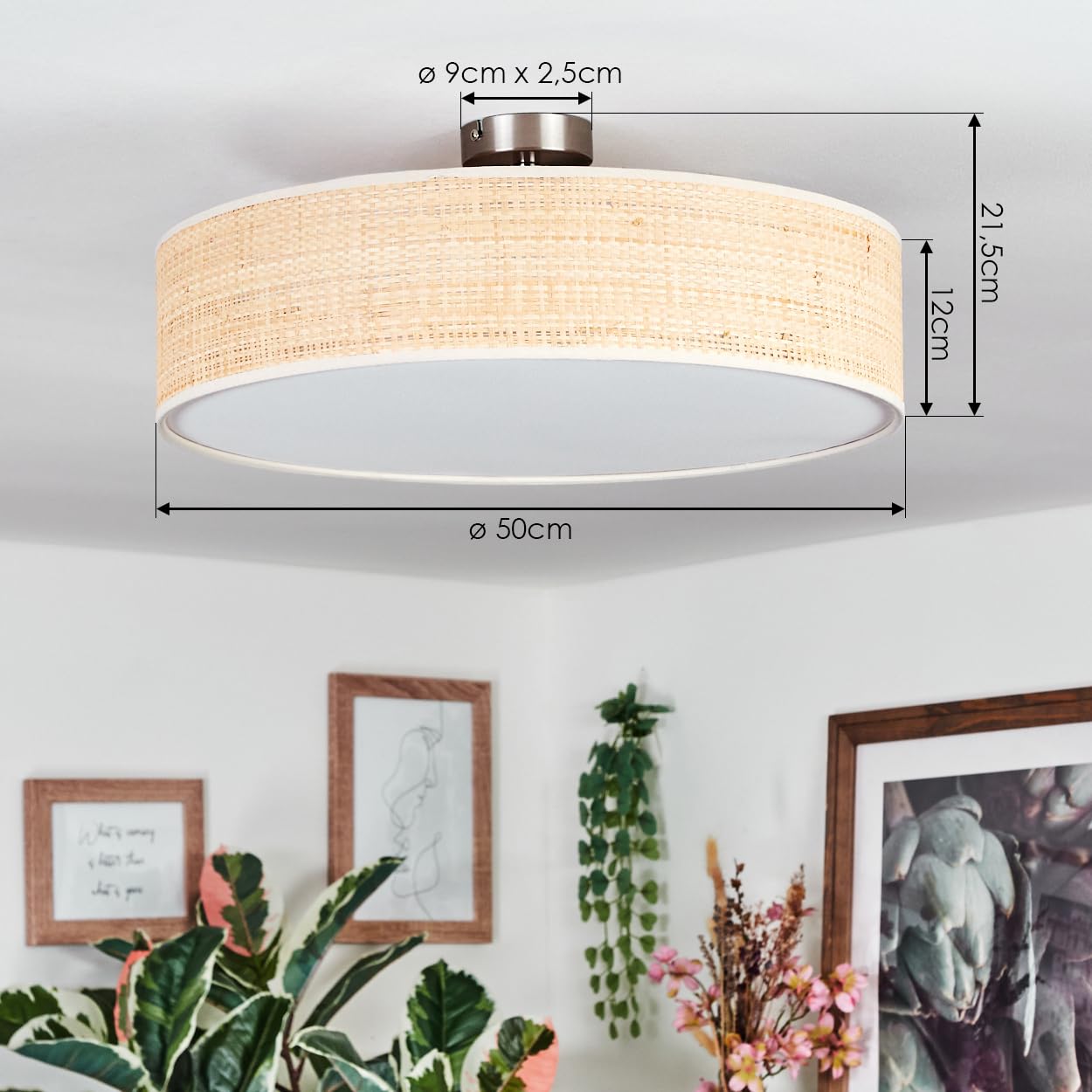 HOFSTEIN Deckenleuchte Foggia, Deckenlampe aus Metall/Rattan/Stoff/Kunststoff in Nickel-matt/Naturfarben/Weiß, runde Boho Leuchte (Ø 50 cm), E27, Esszimmer, Wohnzimmer, Schlafzimmer, Küche, Flur