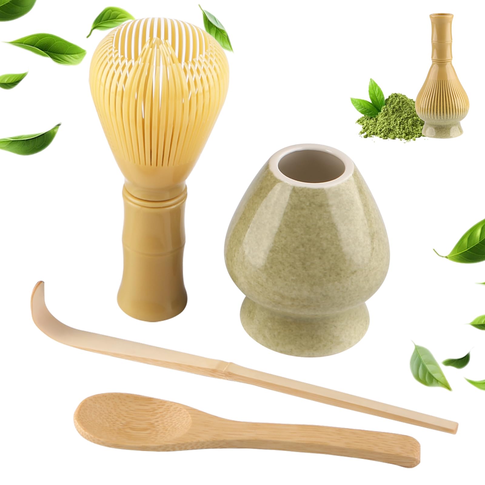 4 Piece Matcha Japanese Ceremony Set, Resin Matcha Whisk, Bamboo Spoon, Bamboo Scoop, Whisk Stand, Perfect Set for Preparing, Yellow - Matcha Green