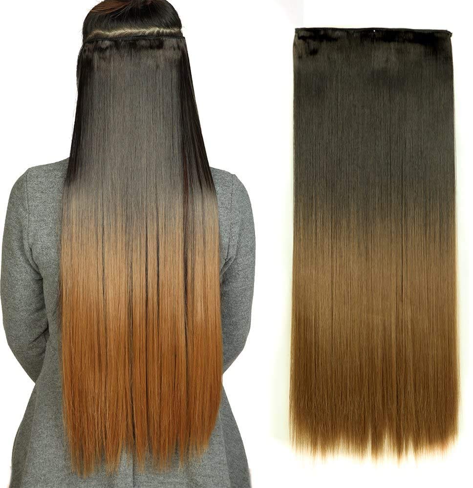 ZALYA Synthetic Fibre Clip in Hair Extensions for Girls and Women 22-24 Inches Pack of 1 Straight Ombre Natural Black to Light Brown-image-43