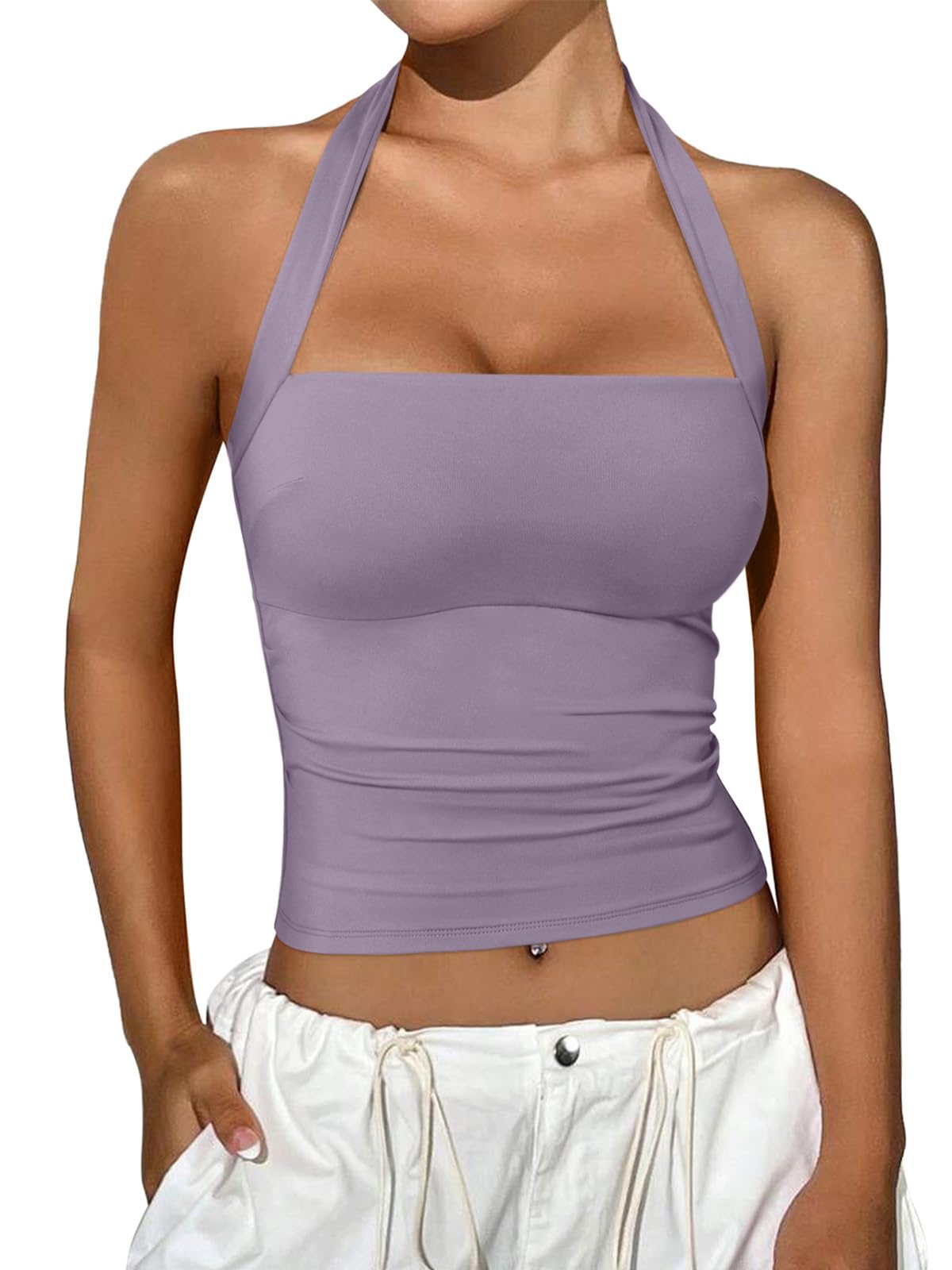 REORIA Halter Tops for Women Summer Sleeveless Going Out Outfits Y2K Trendy Cute Crop Tank Top Clothes