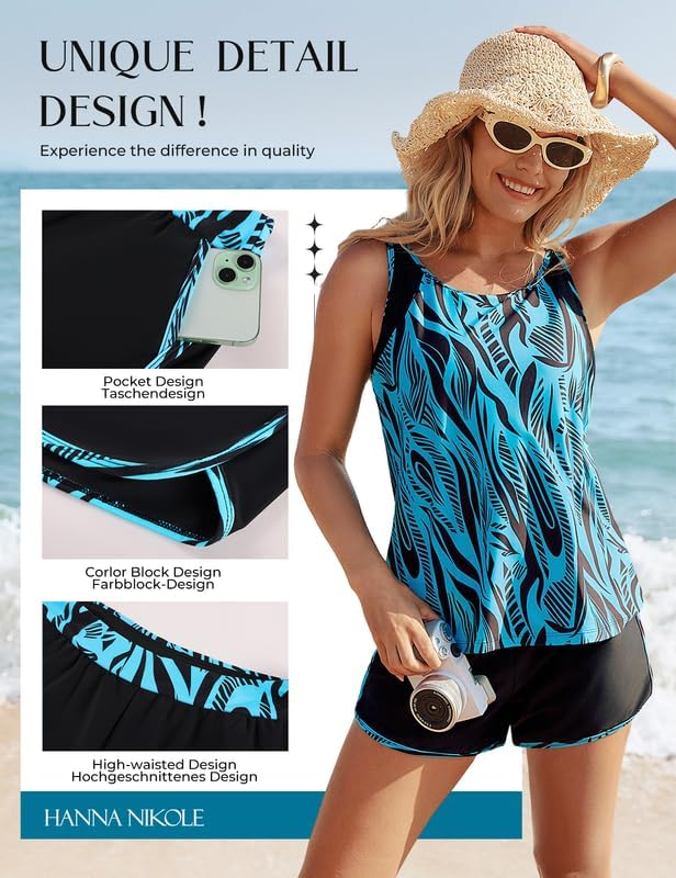 Hanna Nikole Tankini Damen Set Badeanzug Bauchweg Zweiteilig Push Up Eingearbeiteter BH Bademode und Eingearbeitetes Höschen High Waist Badeshorts Mit Taschen Verstellbare Schwimmanzug