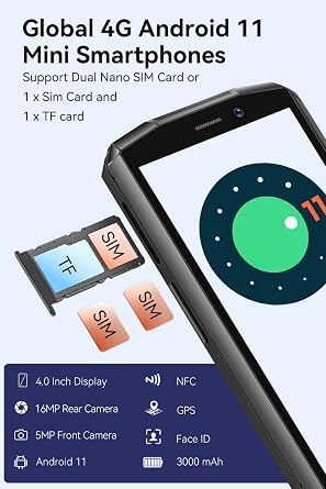 Pocket 4.0 inch Mobile Phone, 4G Smartphone SIM Free Phones Unlocked, Android 11 Small Phone,16MP Camera,3000mAh,4GB+64GB/128GB Extension,Face ID/NFC/GPS (Black)