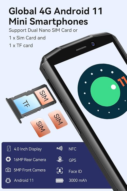Pocket 4.0 inch Mobile Phone, 4G Smartphone SIM Free Phones Unlocked, Android 11 Small Phone,16MP Camera,3000mAh,4GB+64GB/128GB Extension,Face ID/NFC/GPS (Black)