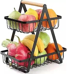 Fruteira de Mesa 2 Andares Metal Aramado Preto com Alça Madeira Cesto Organizador de Frutas Legumes Duplo para Cozinha e Bancada Design Moderno Desmontável