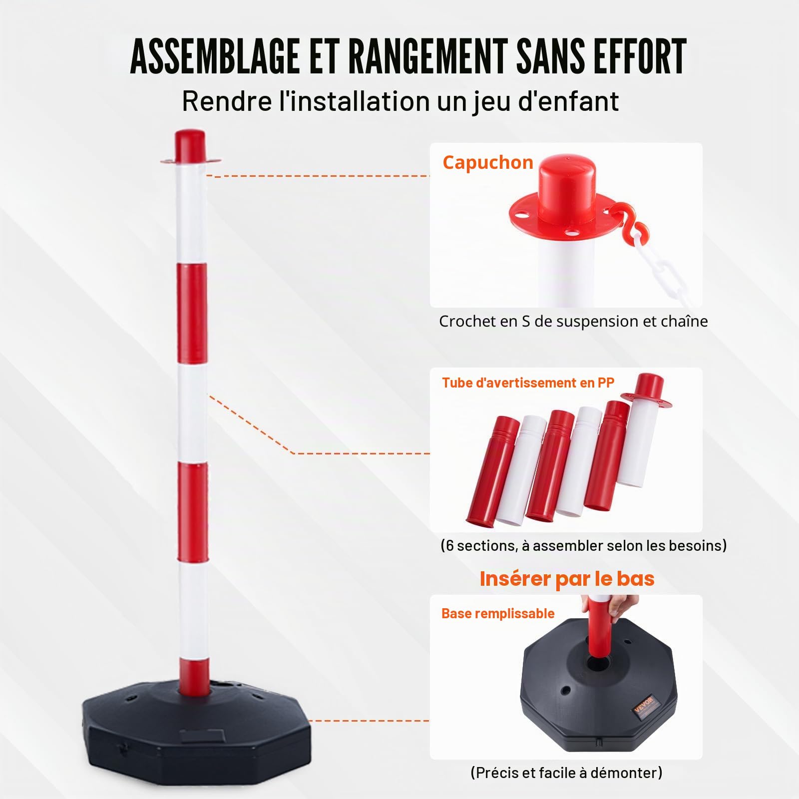 VEVOR Poteau de Signalisation 4PCs Poteau de Délimitation sur Socle Remplissable Hauteur Réglable Cône de Signalisation Longue Chaine 2,4 m pour Contrôle de Circulation Chantier Parking Rouge et Blanc