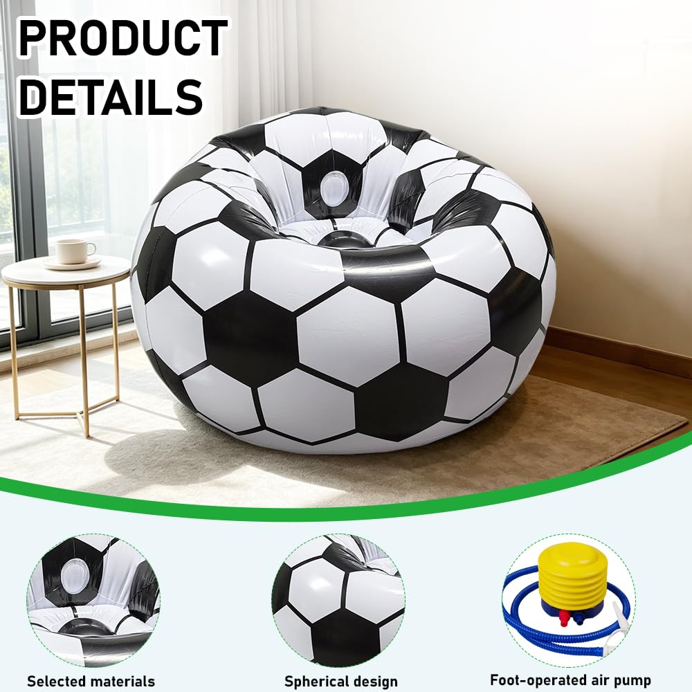 Poltrona gonfiabile a forma di pallone da calcio, 105 x 105 x 70 cm, con pompa ad aria, portatile, superficie floccata, super morbida, per soggiorno, camera da letto, campeggio
