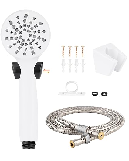 Hibbent RV Shower Head Handheld Shower Head Water Saving, RV Shower Head with 59'' Shower Hose, Trickle Switch, Guide Ring and Shower Holder for Camper, Van, Travel Trailer, Motorhome and Boat, White